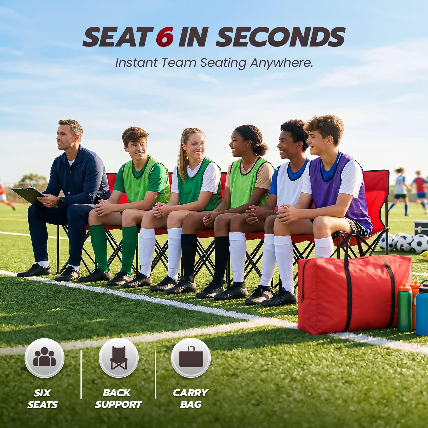Flexzion Tragbare klappbare Sitzbank, 6‑Sitzer, zusammenklappbare Fußball-Bank, tragbare Sitzbank für Tribünen, Camping, Spielfeldrand, mit Rückenlehne und Tragetasche, Rot