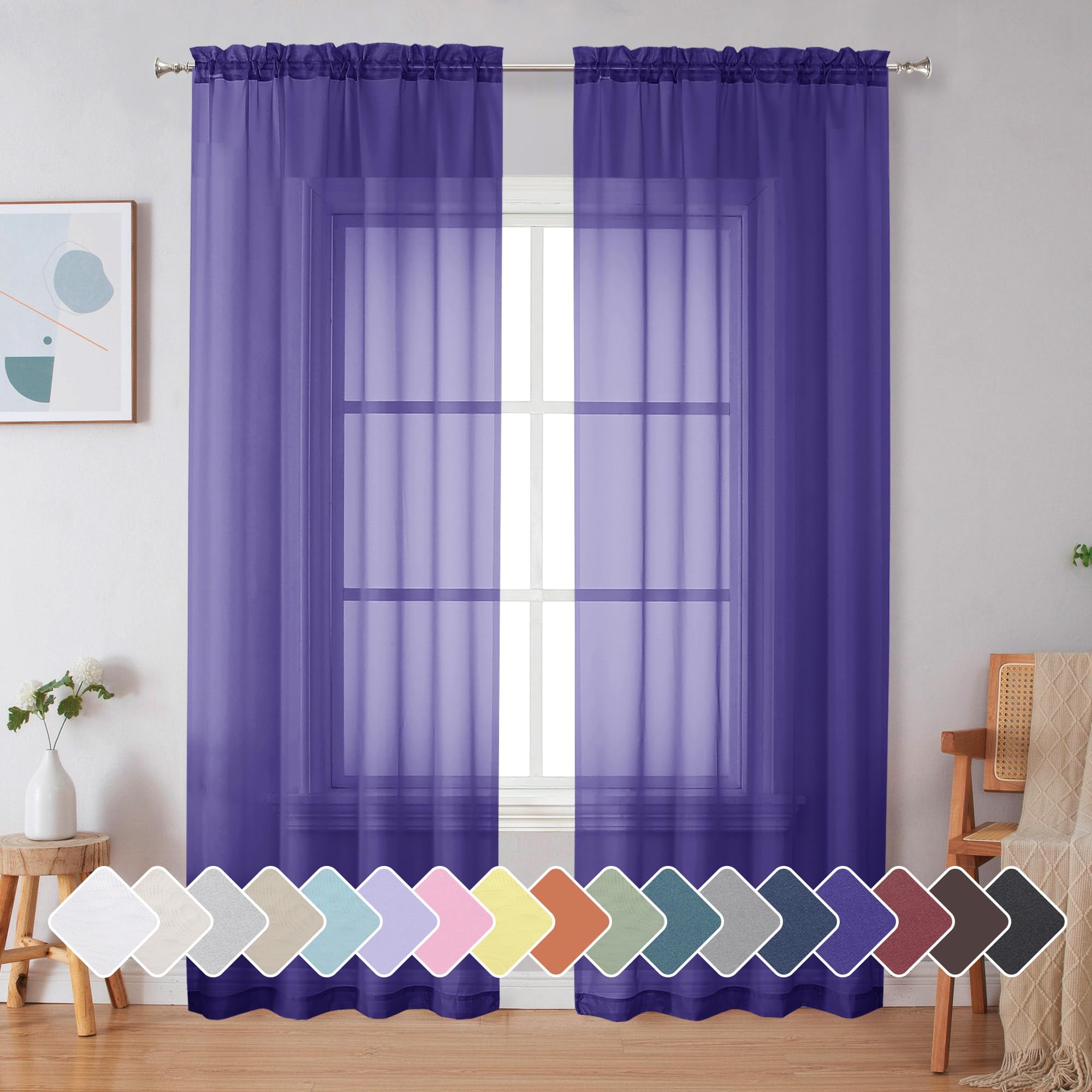 Simplebrand Purple Sheer Curtains 84 Inches Long 2 Panels for Living Room