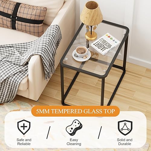 Miniatura 4 de Garden 4 you Mesa auxiliar de cristal, mesa auxiliar rectangular con marco de metal, moderna mesita de noche para oficina, dormitorio, sala de