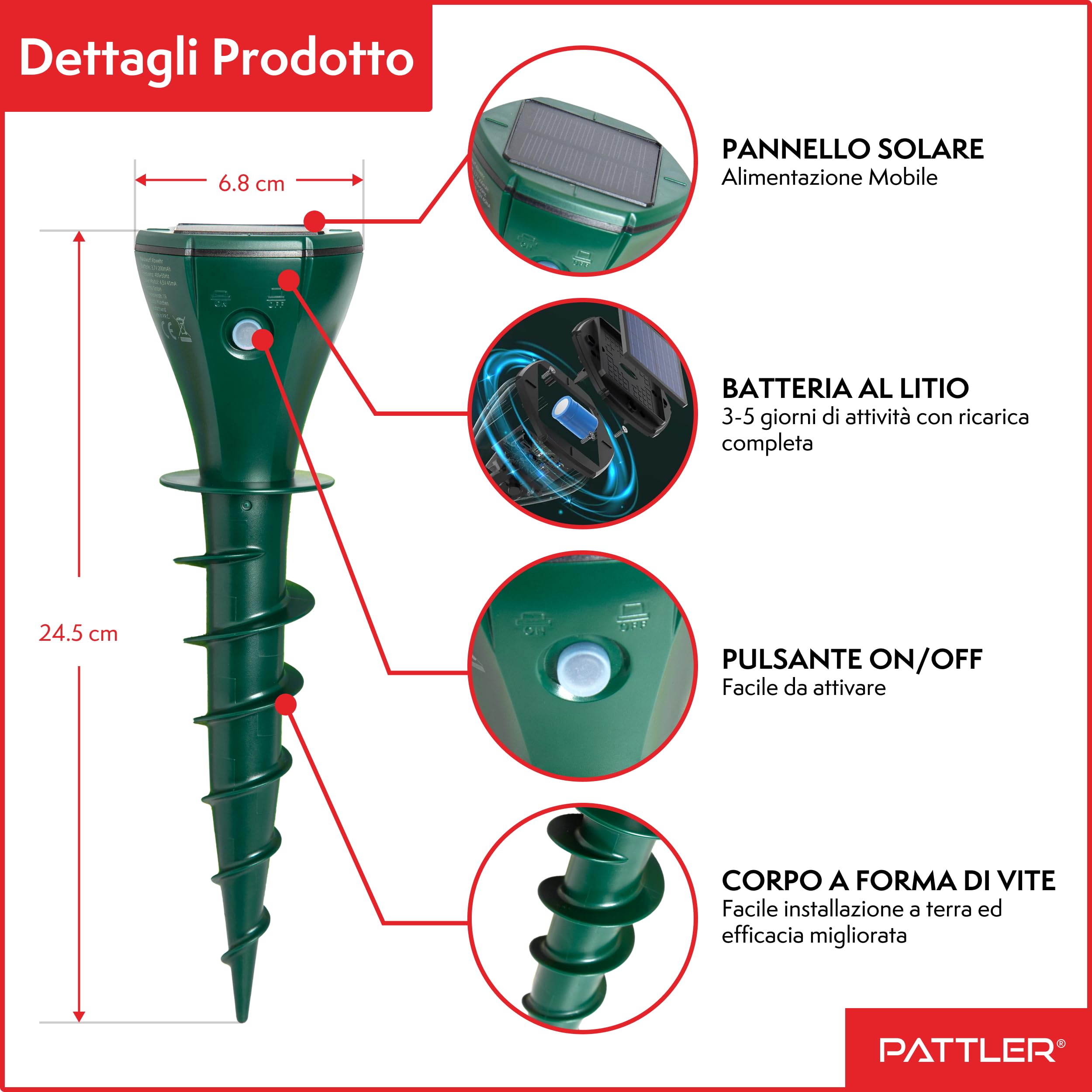 PATTLER Scaccia Talpe Solare a Ultrasuoni Impermeabile, Repellente Serpenti, Dissuasori per Talpe, Dissuasore per Topi, Repellente per Serpenti, Trappola Talpe, Repellente Lucertole | 2 Pezzi