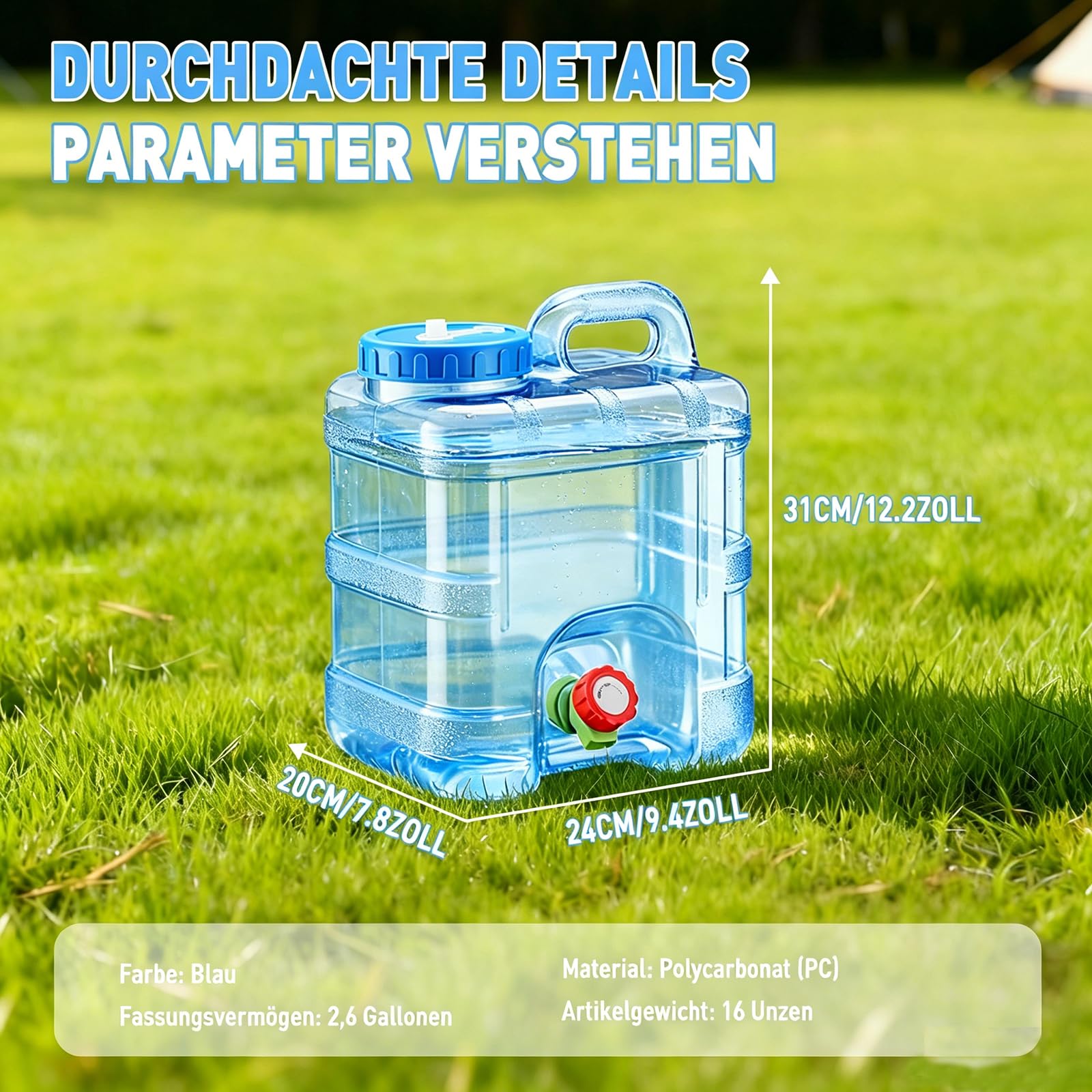 Tanica dell'acqua da 10 l con rubinetto e accessori, serbatoio dell'acqua da campeggio in materiale PC, senza BPA, maniglie per il trasporto, con tubo, spazzola, coperchio, ideale per viaggi