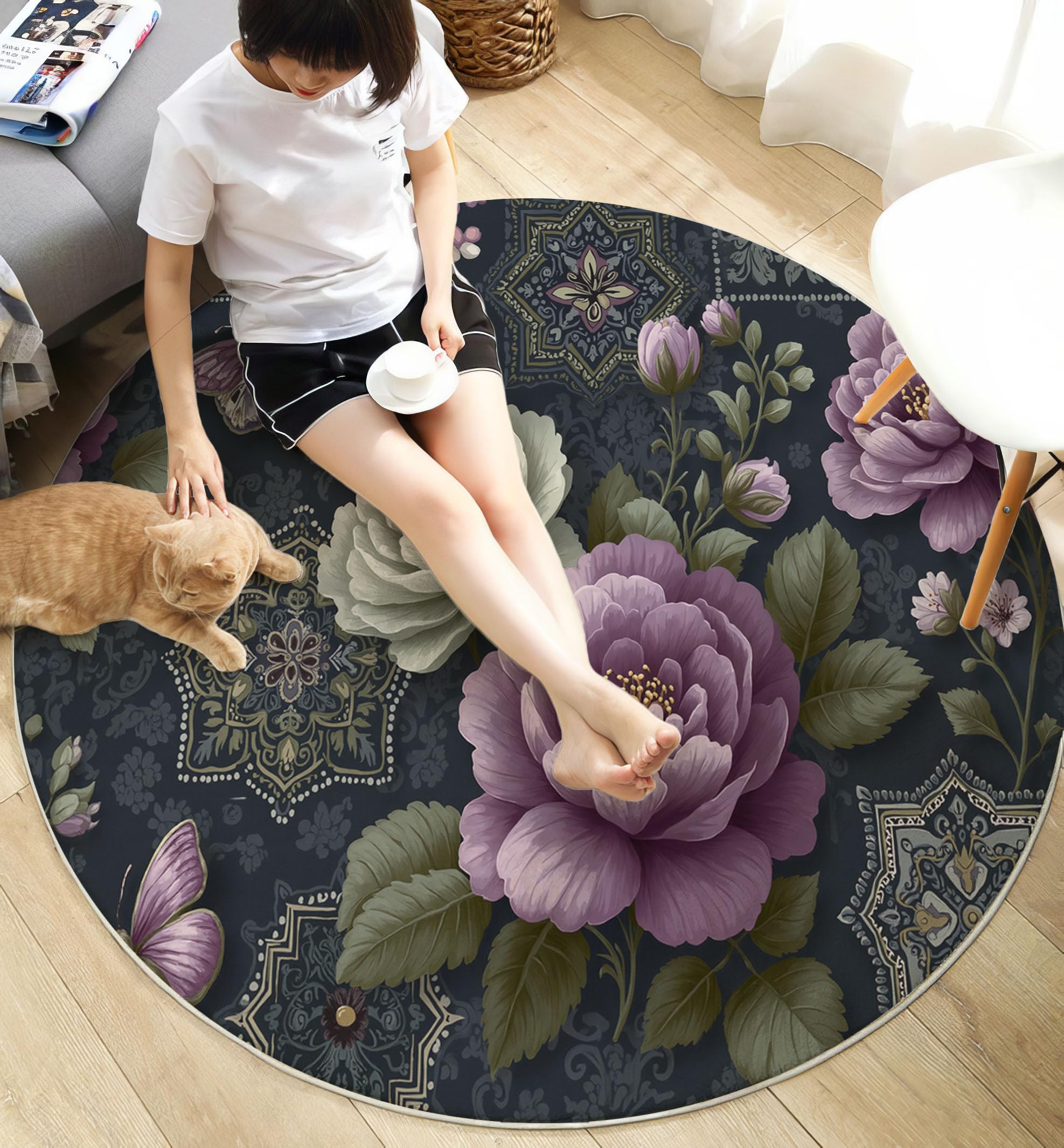 Tapis Rond Salon Papillon Floral Rétro, 200cm Tapis de Sol Mandala Patchwork Antidérapant Doux avec Bords Cousus pour Chambre Bureau L'intérieur Décorer, Gris Anthracite