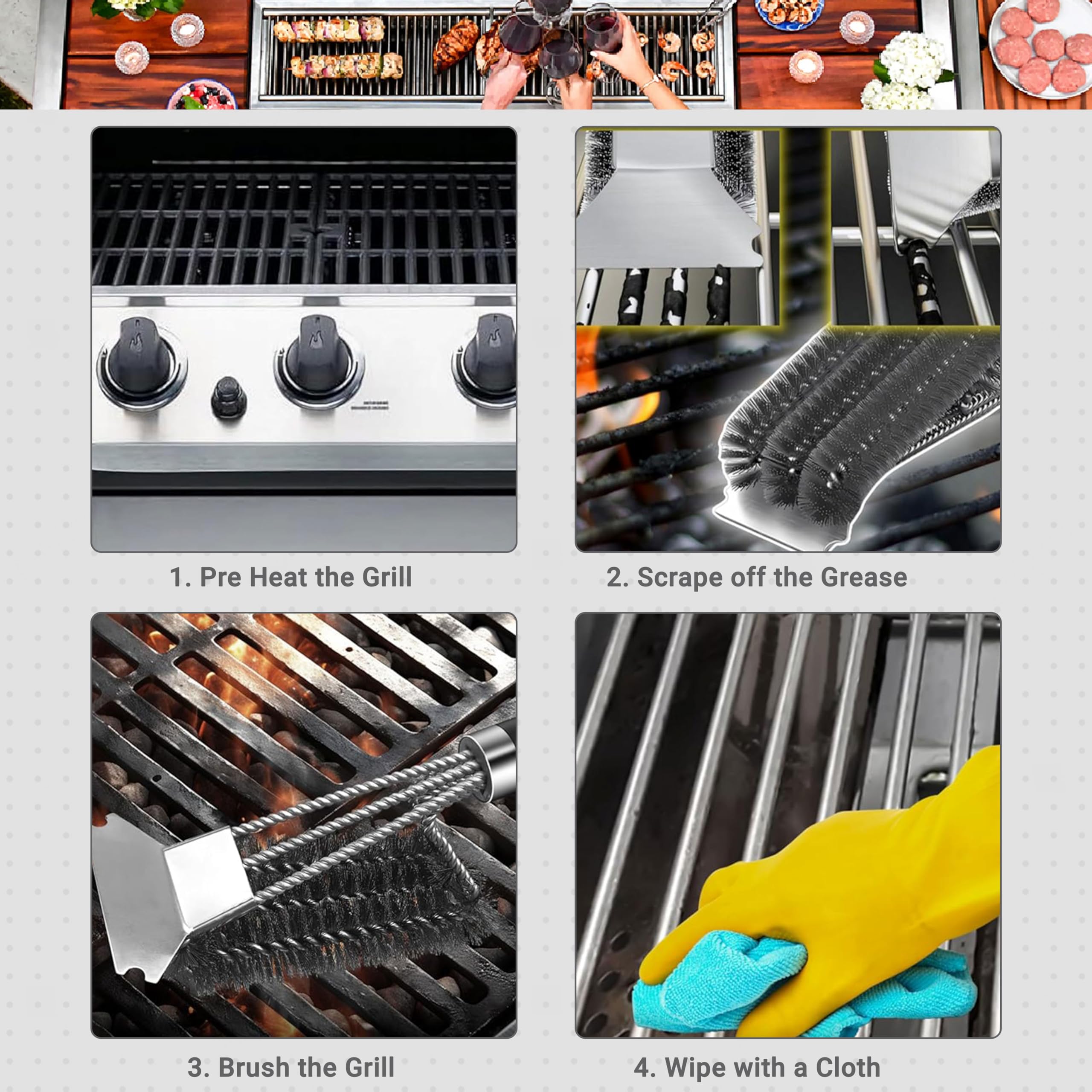 BBQ Grill Cleaning Brush with Stainless Steel Scraper, Heavy Duty Wire Bristles & Long Handle, 2-in-1 Barbecue Cleaner for Gas, Charcoal & Electric Grill, BBQ Cleaning Brush Set with Bonus Brush - 5
