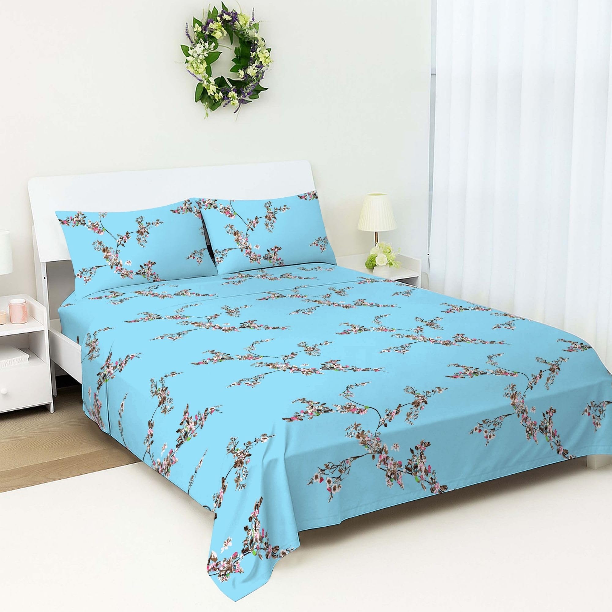 100% Egyptian Cotton Flat Sheet Double Bed 400 Thread Count Luxury Cooling Breathable Floral Printed Top Sheet – Soft Premium Hotel Quality Bed Sheet (230 x 250 cm)