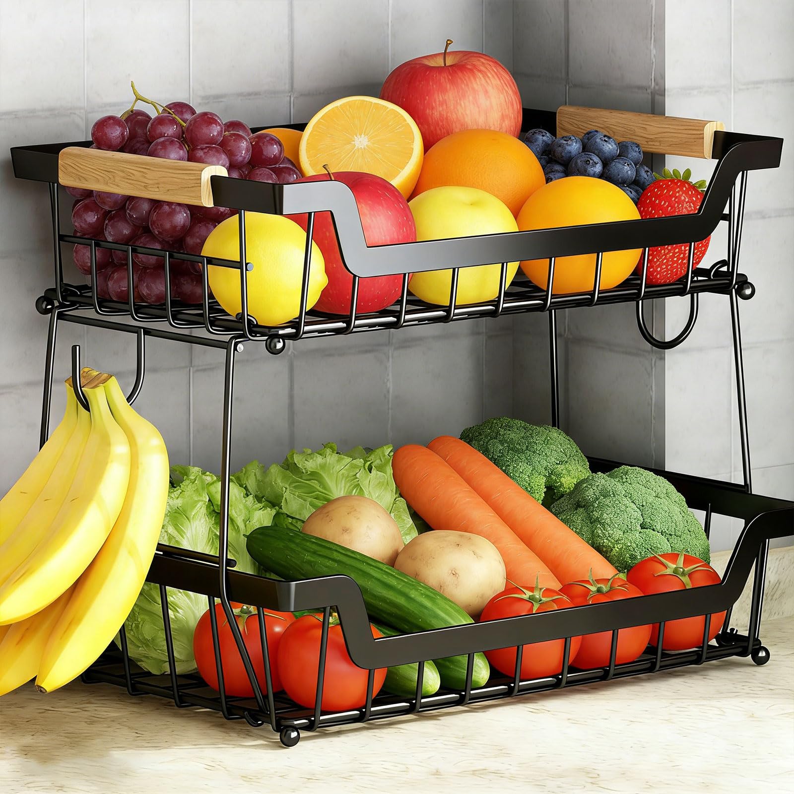 Houbobo Black Fruit Bowl With 2 Banana Hangers, 2 Tier Fruit Basket For Kitchen Counter With Wooden Handle, Detachable Metal Countertop Storage Rack For Fruits, Vegetables, Bread, And Snacks
