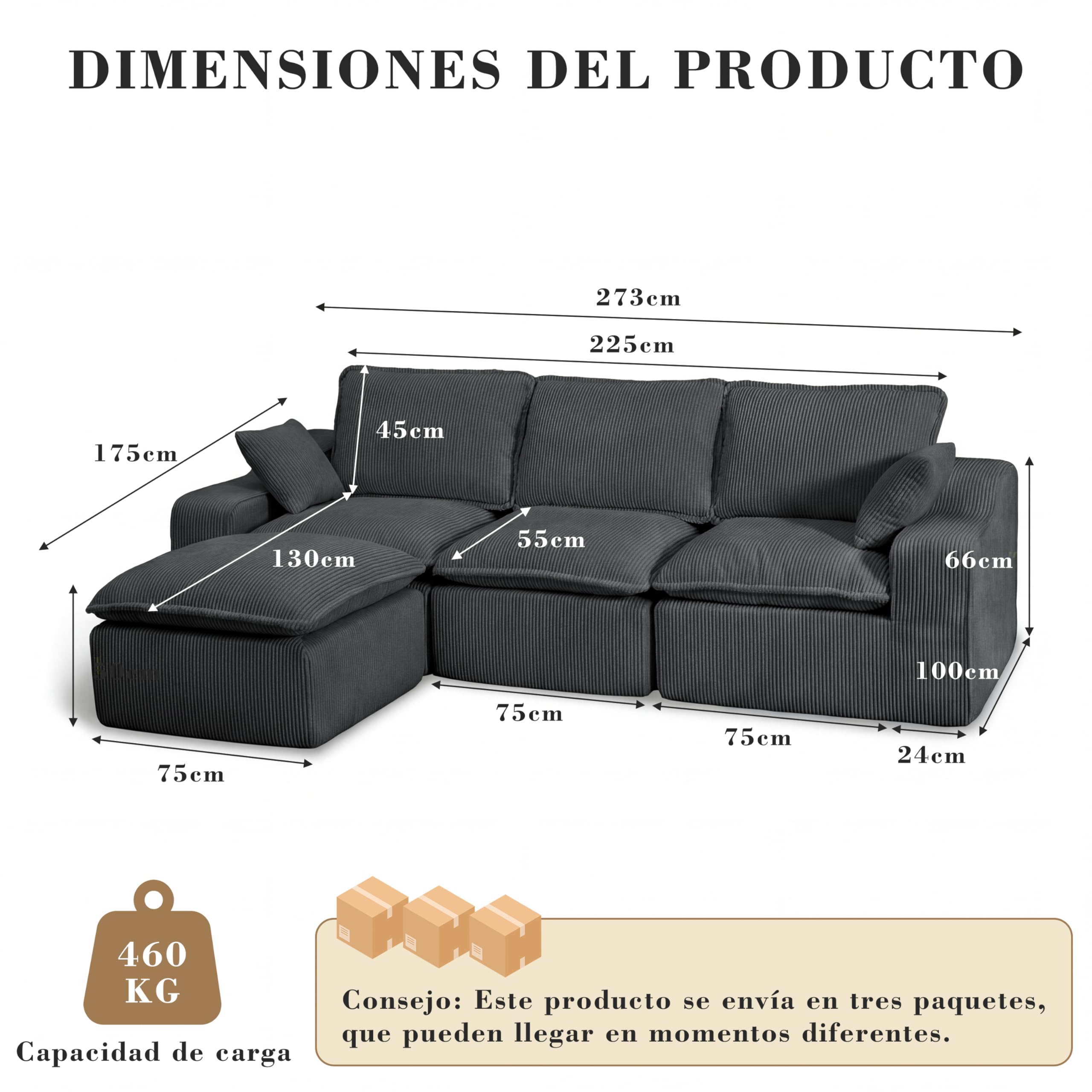 Vipbear Sofá Cama de 4 Plazas de 273 cm, Sofá de Salón en Forma de L, con Otomana Extraíble, Tapizado en Pana, Asiento Profundo y Chaise Longue, No Requiere Montaje, Gris