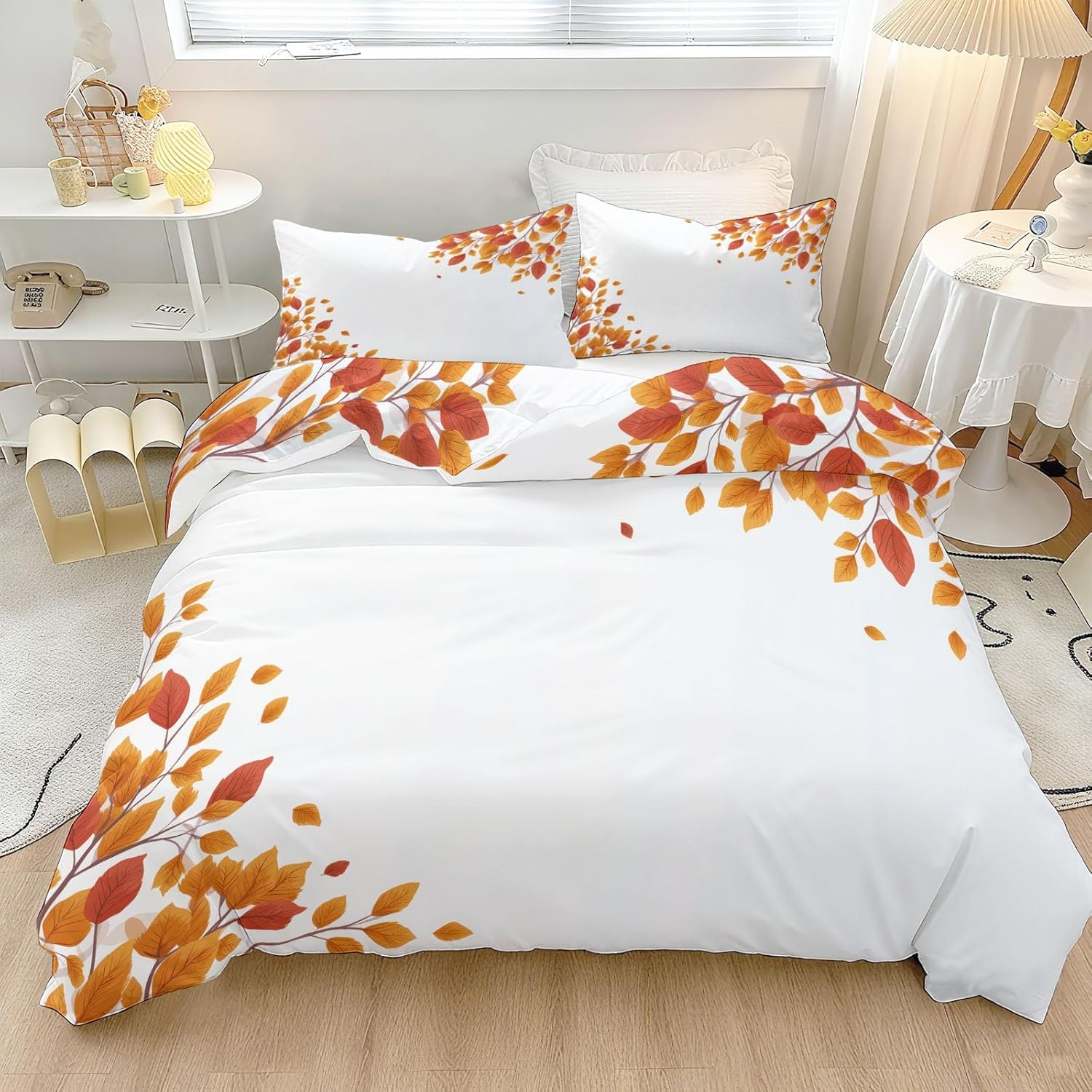 Duvet Cover for Kids Cartoon Minimalist Maple Leaves Branches Quilt Cover Sets Reversible Soft Bedspread Cover, Orange White Bedding Set 3Pcs Zipper Closure Boys Girls Teens (Twin Size 68"x90")