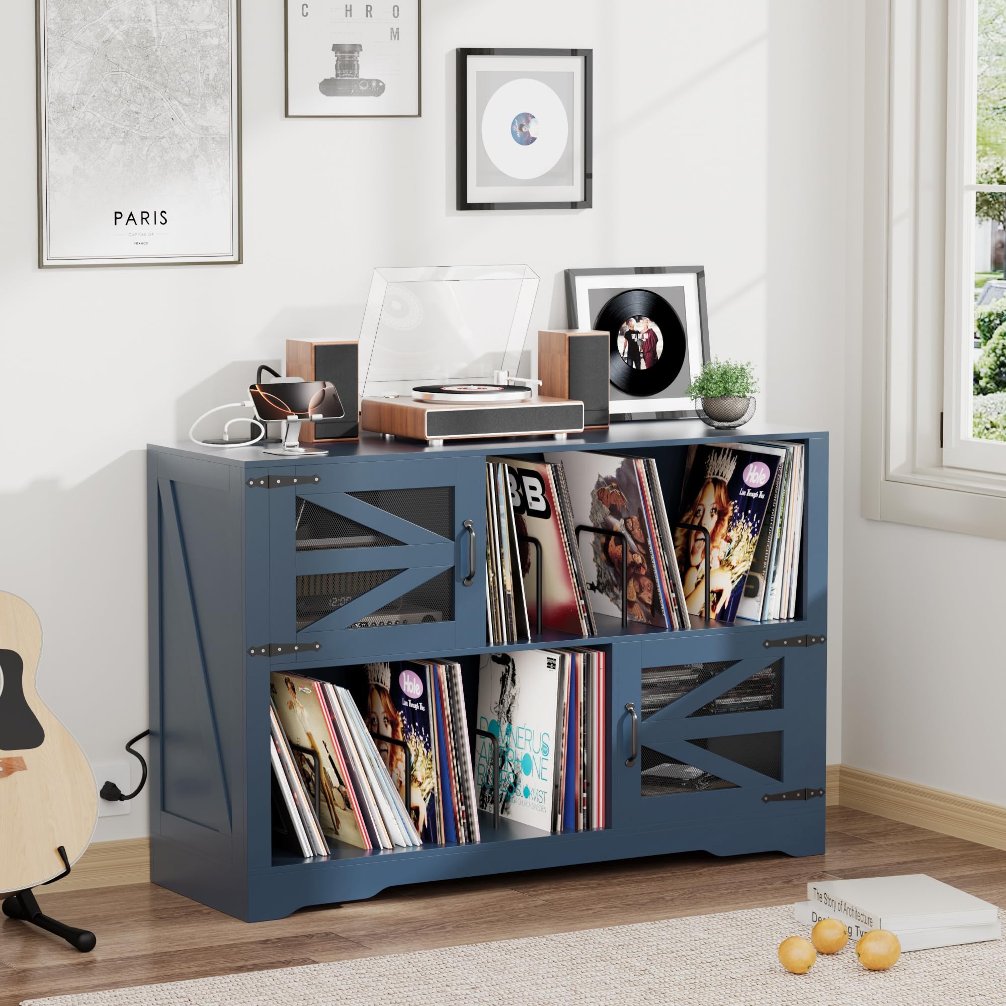 120 * 40 * 79cm MDF Vinyl Schallplattenständer ，Echtholz-Optik Ständer für bis zu 500, 2× Steckdose & 2× USB, Umfallschutz, Kompaktes Sideboard für Wohnzimmer & Plattenspieler (Blau)