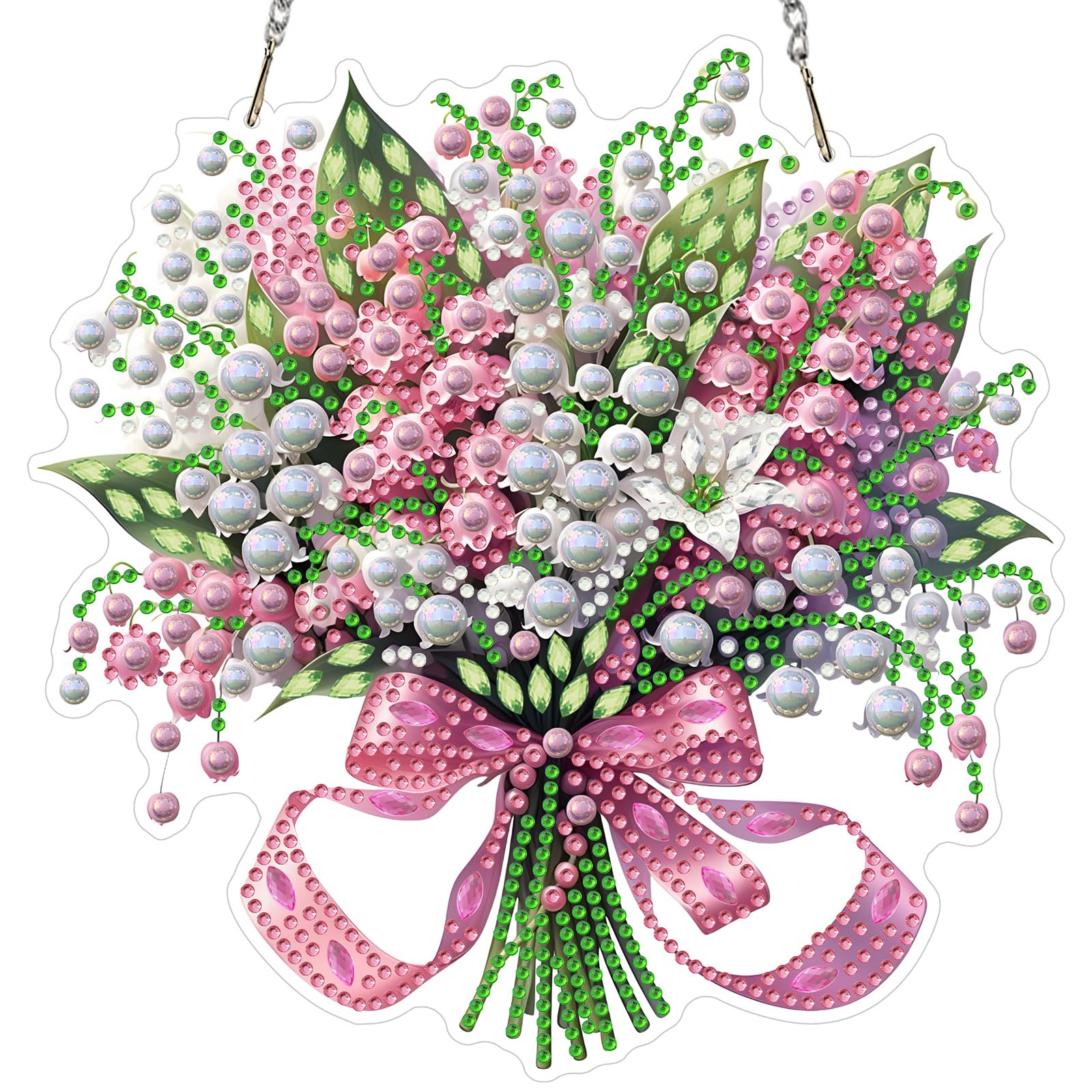 MXJSUA Lily of the Valley Flowers Diamond Painting Art Window Suncatchers, Diamond Art Kits for Adults Hanging Ornaments with Chain, Special Shape Crystal Diamond Pendant Accessories for Decor