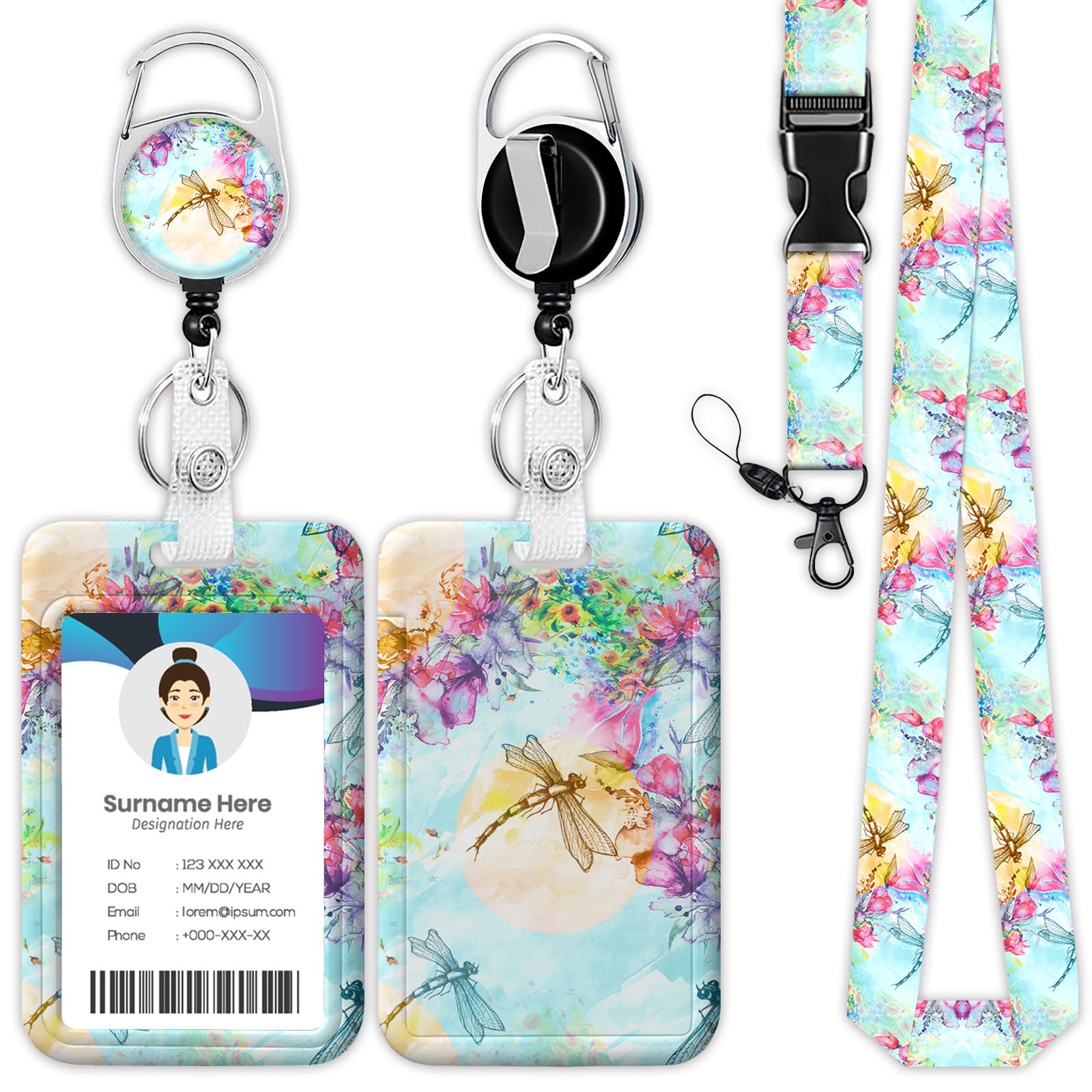 Abstract Dragonfly Badge Holder Reel Lanyard, ID Card Badge Holder Retractable Name Tag Clips for Doctor Nurse Teacher Office Student