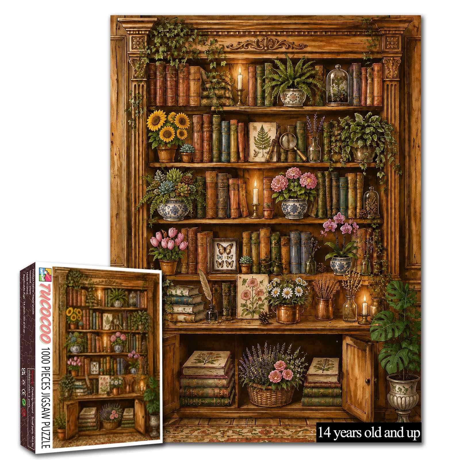 Vintage Floral Bookshelf Jigsaw Puzzle for Adults 1000 Piece — image 1