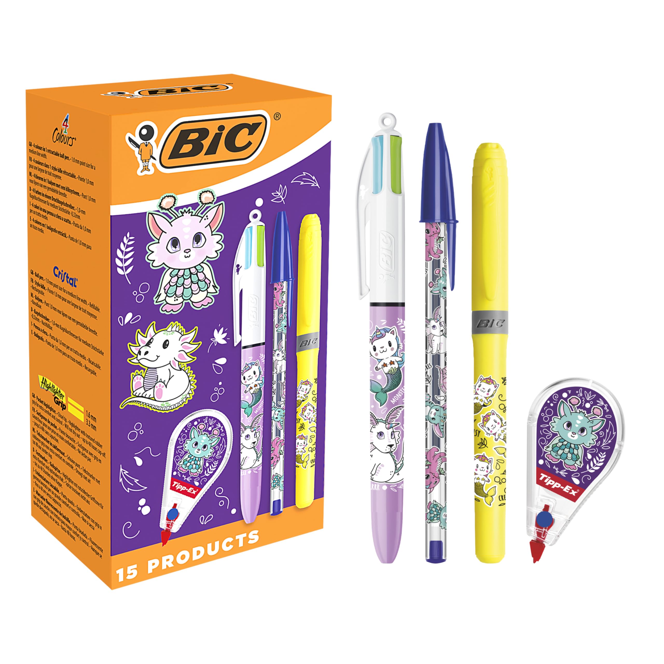 BIC Fantasy Animals Collection 15-Piece Set: BIC 4 Colours & Cristal Ball Pens Medium Points (1.00 mm), 10 Pastel & Fluorescent Highlighter Grip Neon Pens, Tipp-Ex Mini Pocket Mouse Corrector