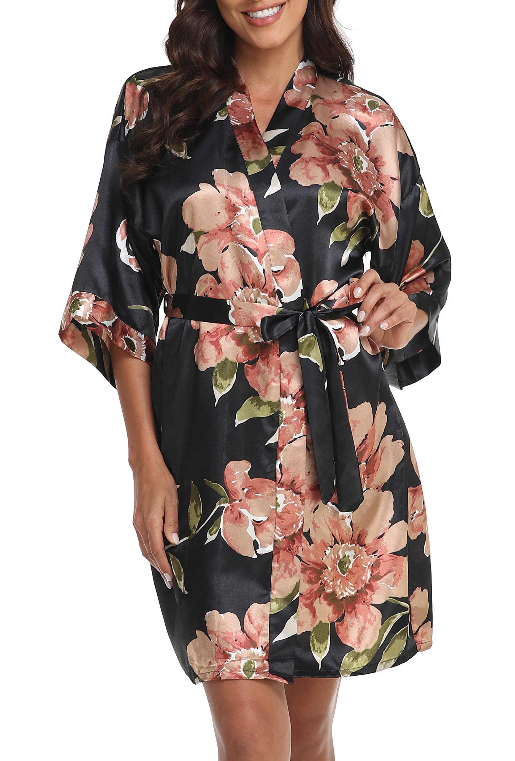Womens Kimono Robe Floral Silky Satin Bathrobes Wedding Robes for Bride Bridesmaids Soft Dressing Gown Black S