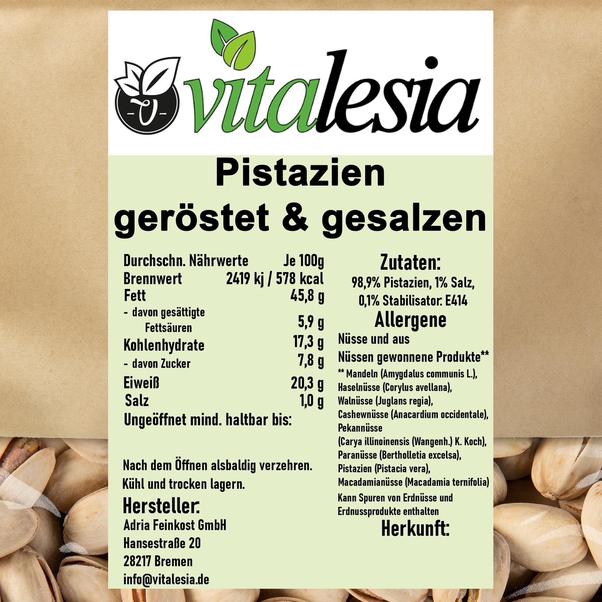 Vitalesia Pistazien 2500g | geröstet & gesalzen | Kalifornische Pistazienkerne mit Schale | Frischebeutel wiederverschließbar | ohne Zusätze | Premium-Qualität | vegan