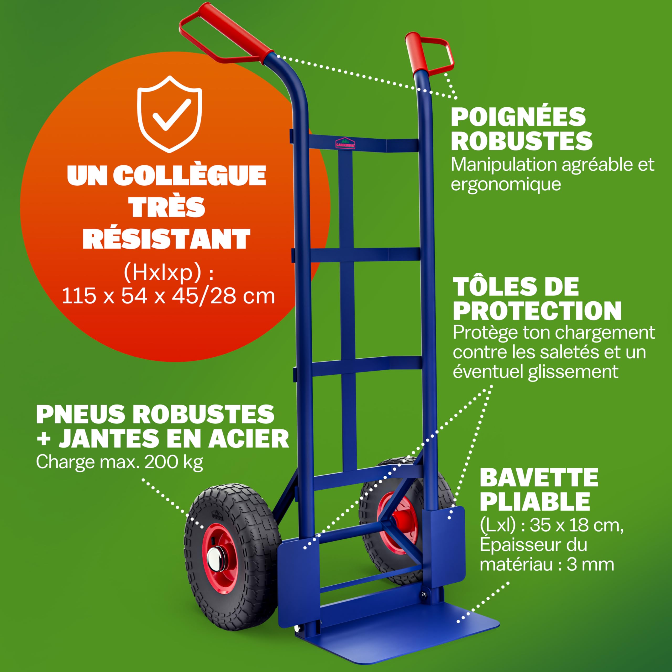 GARDEBRUK® Diable Pliable Chargement Max. 200 kg Roues pneumatiques Acier Chariot de Transport Diable déménagement Chariot Pliant manutention