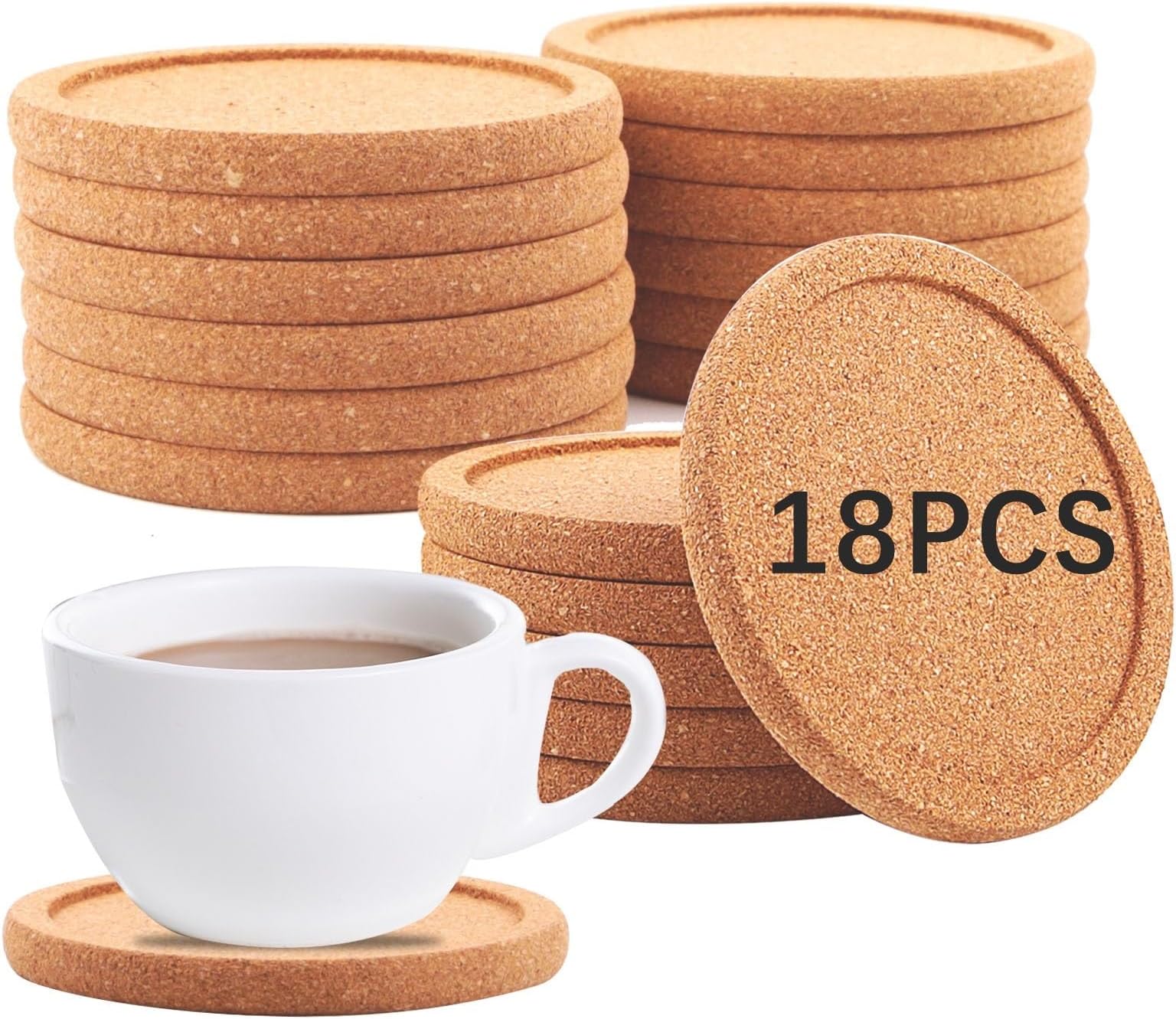 18 Pcs Cork Coasters with Lip，Absorbent Drink Coaster with Grooved Round