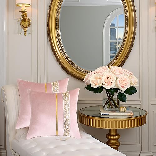 Miniatura 5 de Tosleo Fundas de almohada de terciopelo rosa de 18 x 18 pulgadas, paquete de 2 con cuero dorado bordado de lentejuelas a rayas, fundas de almohada