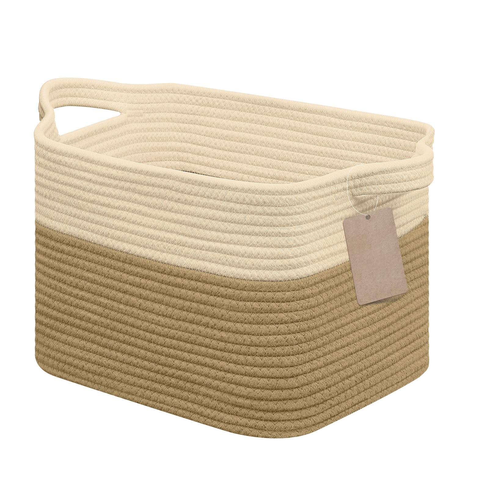 JOJOSEE Small Woven Storage Basket, Cotton Rope Basket for Shelves, Square Shelf Baskets for Home Bathroom Closet Organizer 33x25x22.5cm (Beige&Brown)