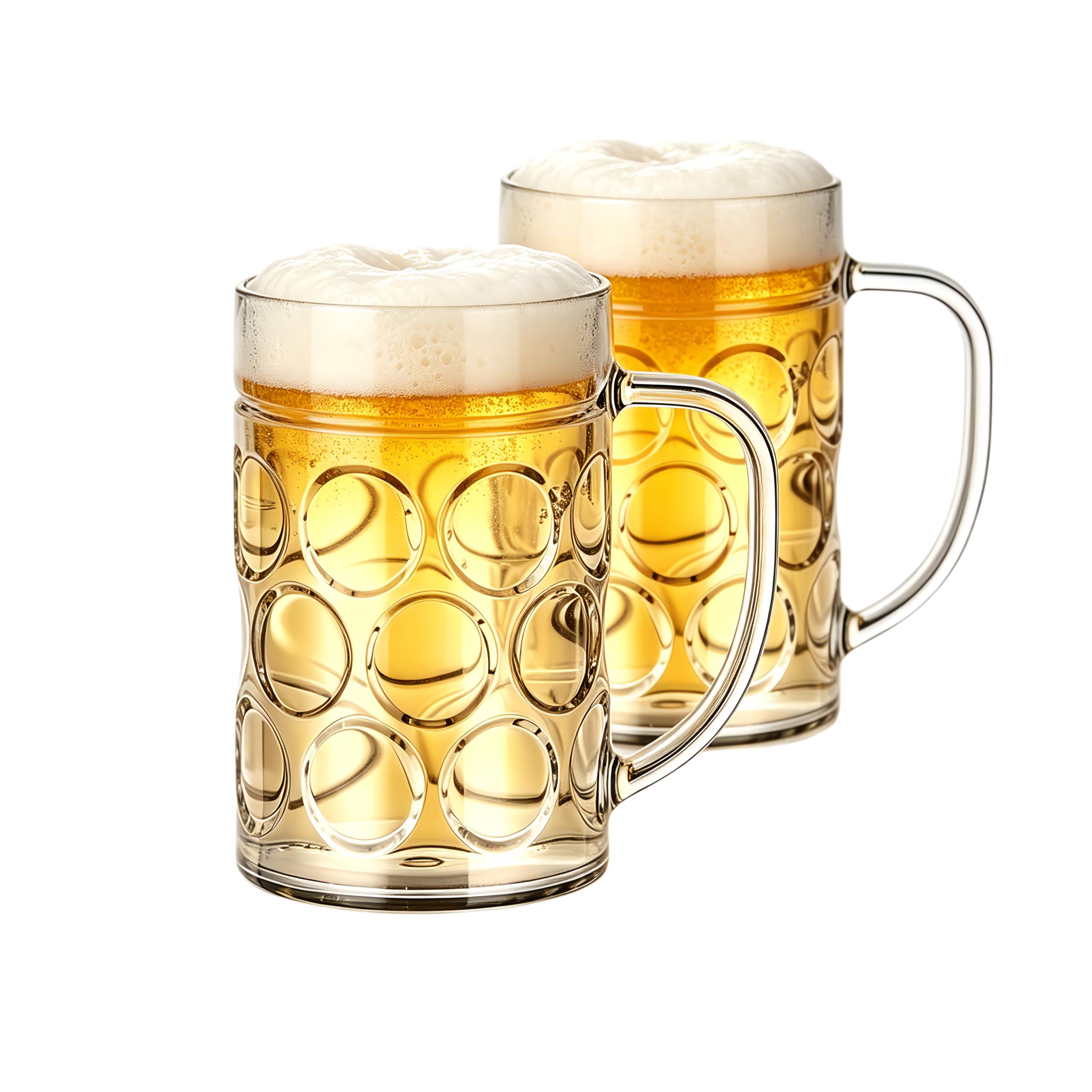 Komost Plastic Pint Glasses Set of 2, 500ml Clear Dimpled Pint Glass with Handle, Unbreakable Beer Stein Mugs Reusable Cups for Club, Bar & Party
