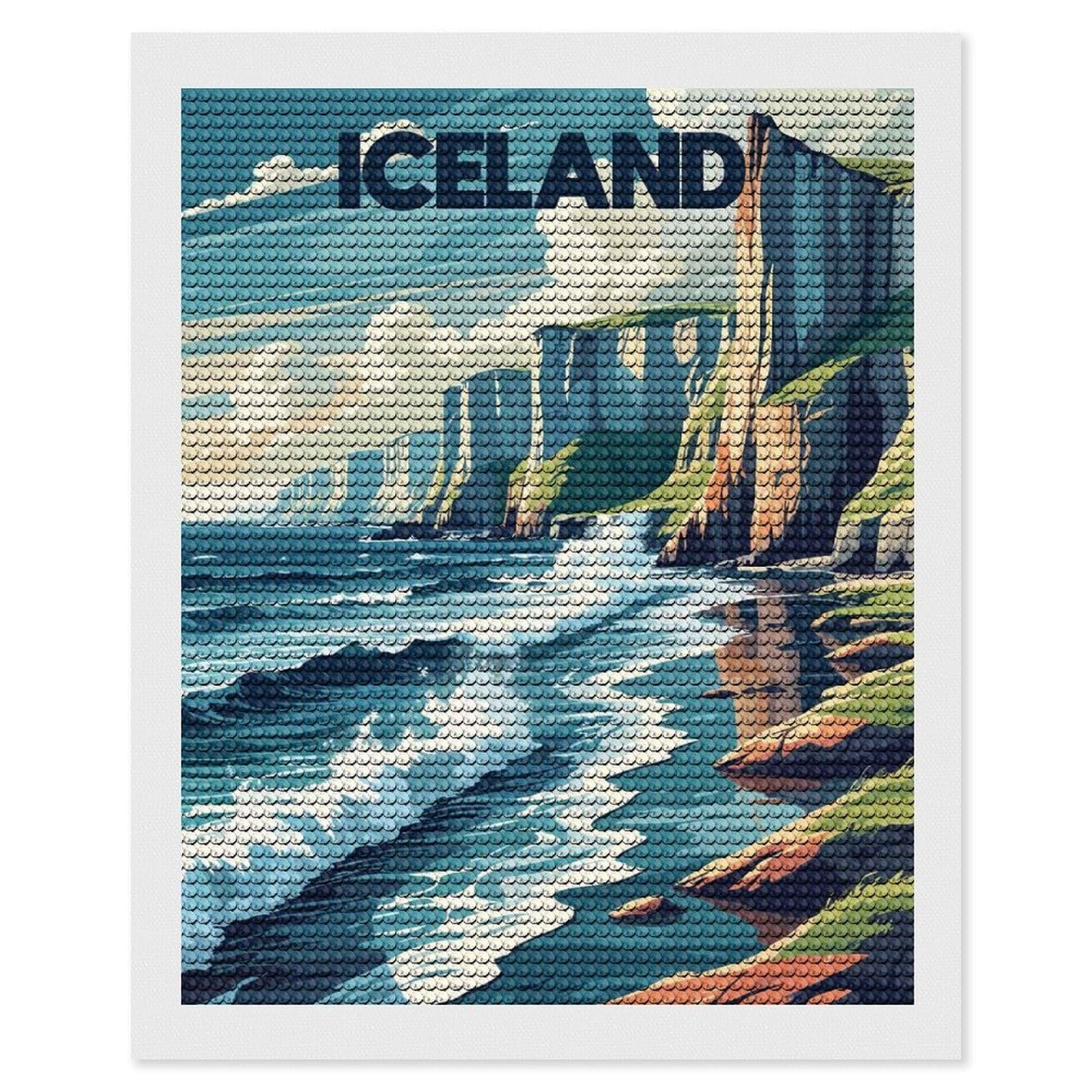 Junmoney Iceland Coastal Landscape Illustration 5D Diamond Painting Kit 16"x20", Relaxing DIY, Mindful Craft Project, Full Kit Included, Thoughtful Present