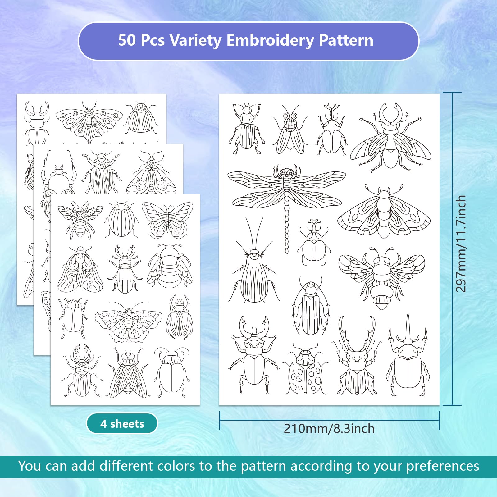 GLOBLELAND 4 Sheets Insect Patterns Stick and Stitch Water Soluble Stabilizer for Embroidery Adhesive Hand Sewing Stabilizers Non-Woven Fabrics Aid Drawing Sketch 11.7x8.3inch