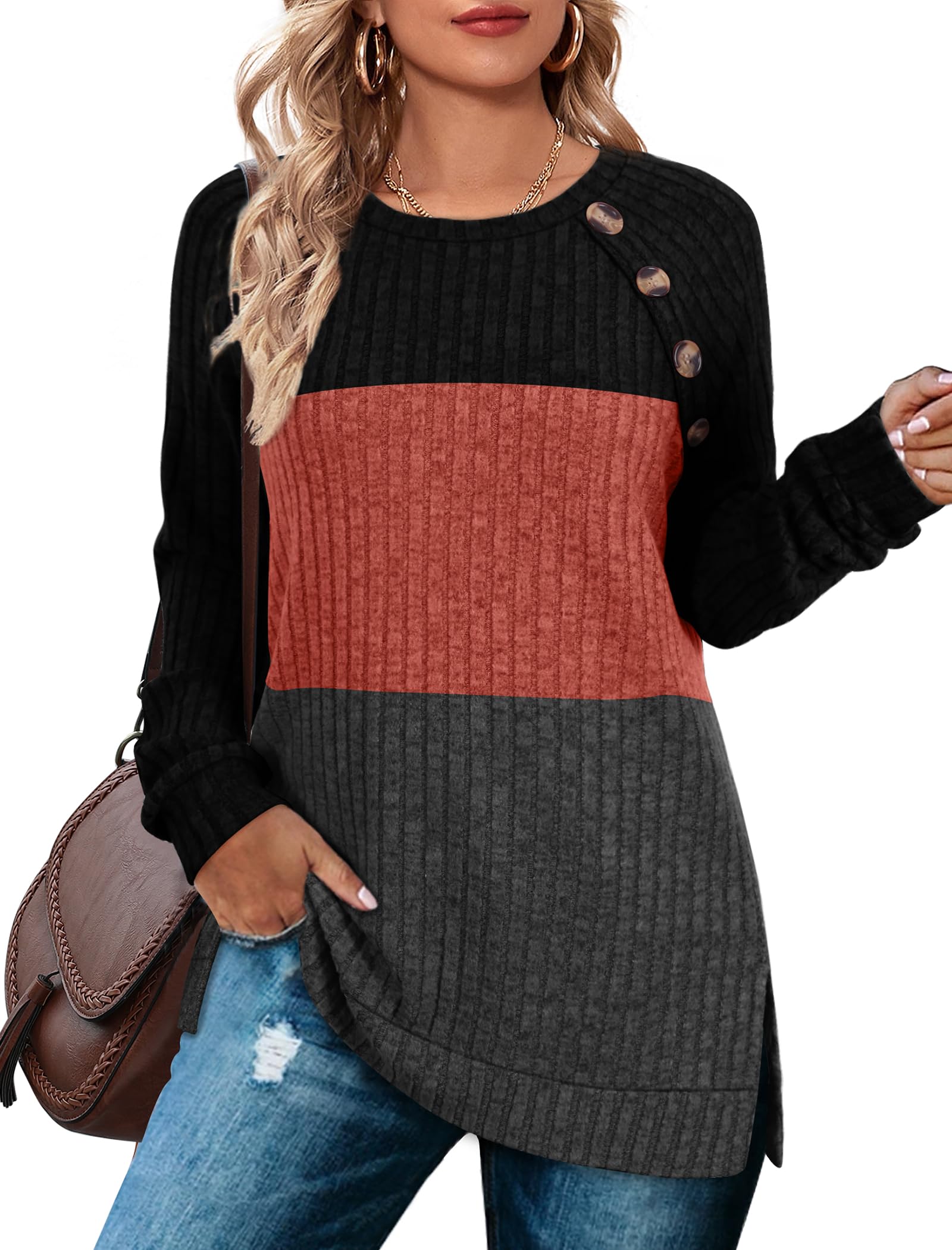 Bofell Long Sleeve Shirts for Women Lightweight Button Decor Tunic Tops Side Split