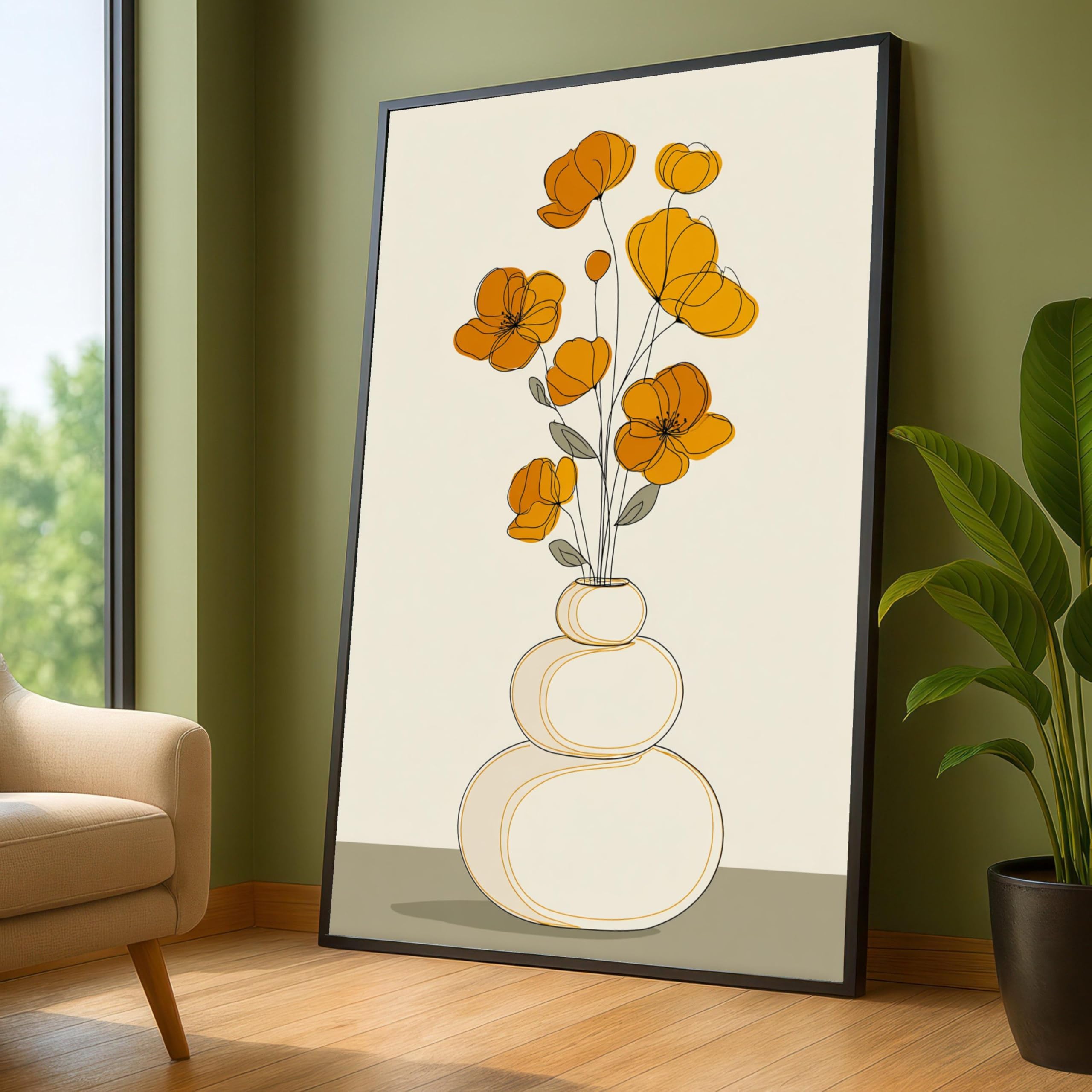 CAOXTART Abstract Orange Flower Posters Line Art Canvas Prints, Modern Botanical Wall Pictures Bohemian Style Painting(60x90cm/Frameless)