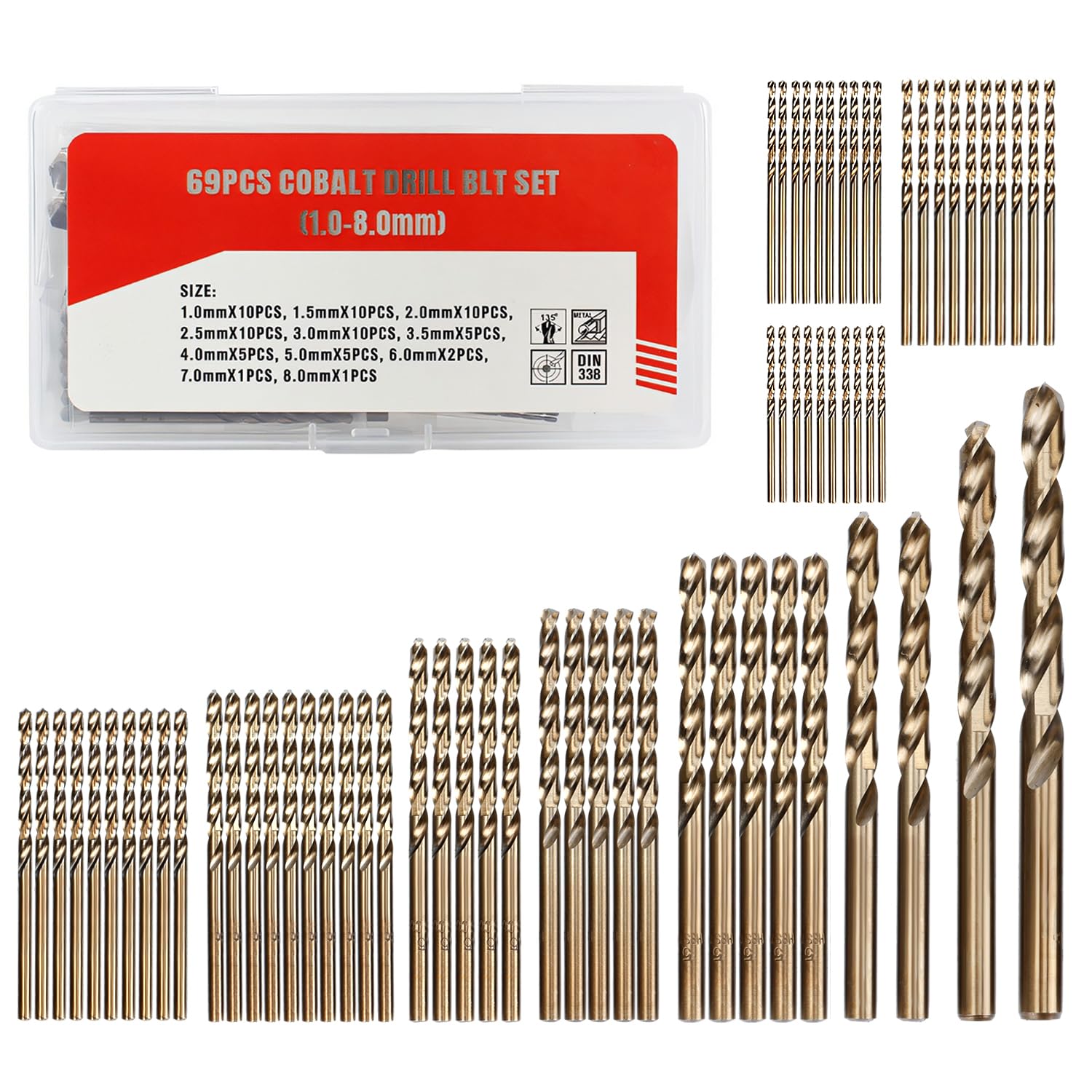 Juego de 69 brocas métricas, acero cobalto M35, tamaños de 1 mm a 8 mm, flauta de doble giro, punto de división de 135 grados, acabado de bronce, con caja de almacenamiento de plástico PP