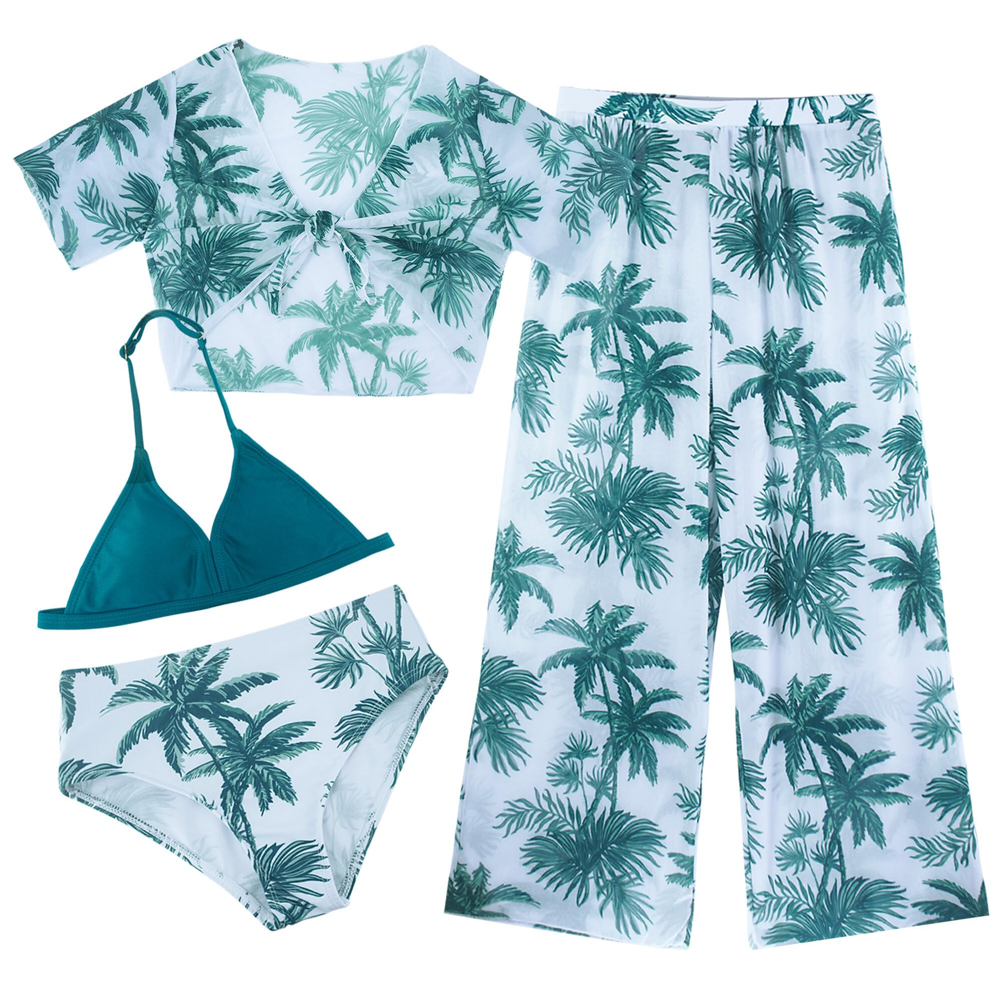 SEAUR Traje de baño de Bikini de Manga Corta de 4 Piezas para niña Top de Bikini con Estampado Tropical en la Espalda+pantalón Corto de Bikini+pantalón con Forro 8-12 años