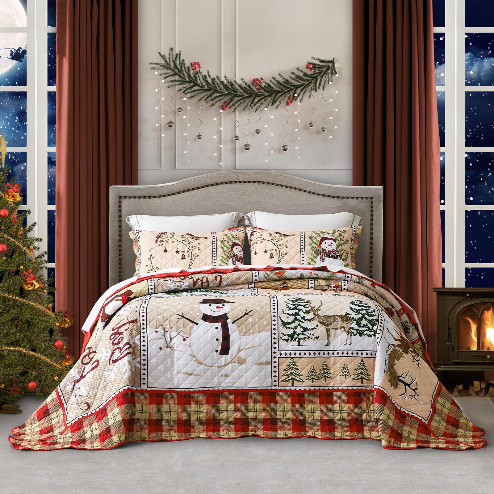 HZ &amp; HY Christmas Oversized Bedspread King Size, Snowman Pattern Bedding Quilt, Rustic Lodge Plaid Patchwork Coverlet, Lightweight &amp; Soft Microfiber, 3 Piece