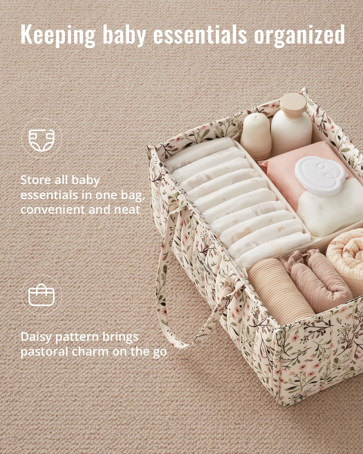Blissful Diary Floral Diaper Caddy Organizer, Stylish Nursery Storage Basket, Diaper Bag,Gift for Baby Shower, Baby Registry Must Have, Newborn Essentials, Pastoral Daisy - 3