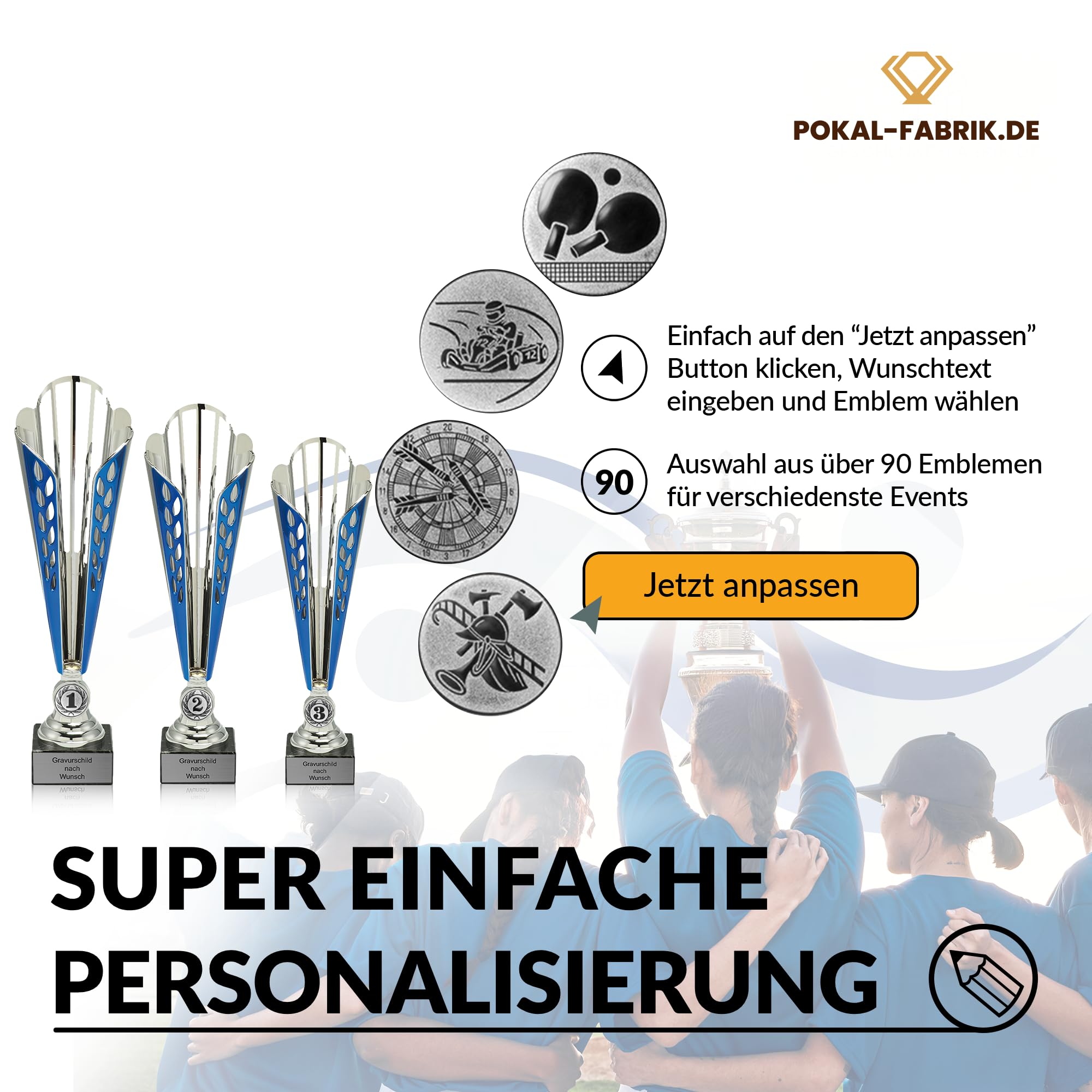Pokal-Fabrik Pokal mit Gravur Wunschtext – Silber & Blau Trophäe mit Sportart Emblem nach Wahl – Personalisierte Auszeichnung für Fußball WM & Sport Events – 32/33,5/35,5 cm inkl. Marmorsockel