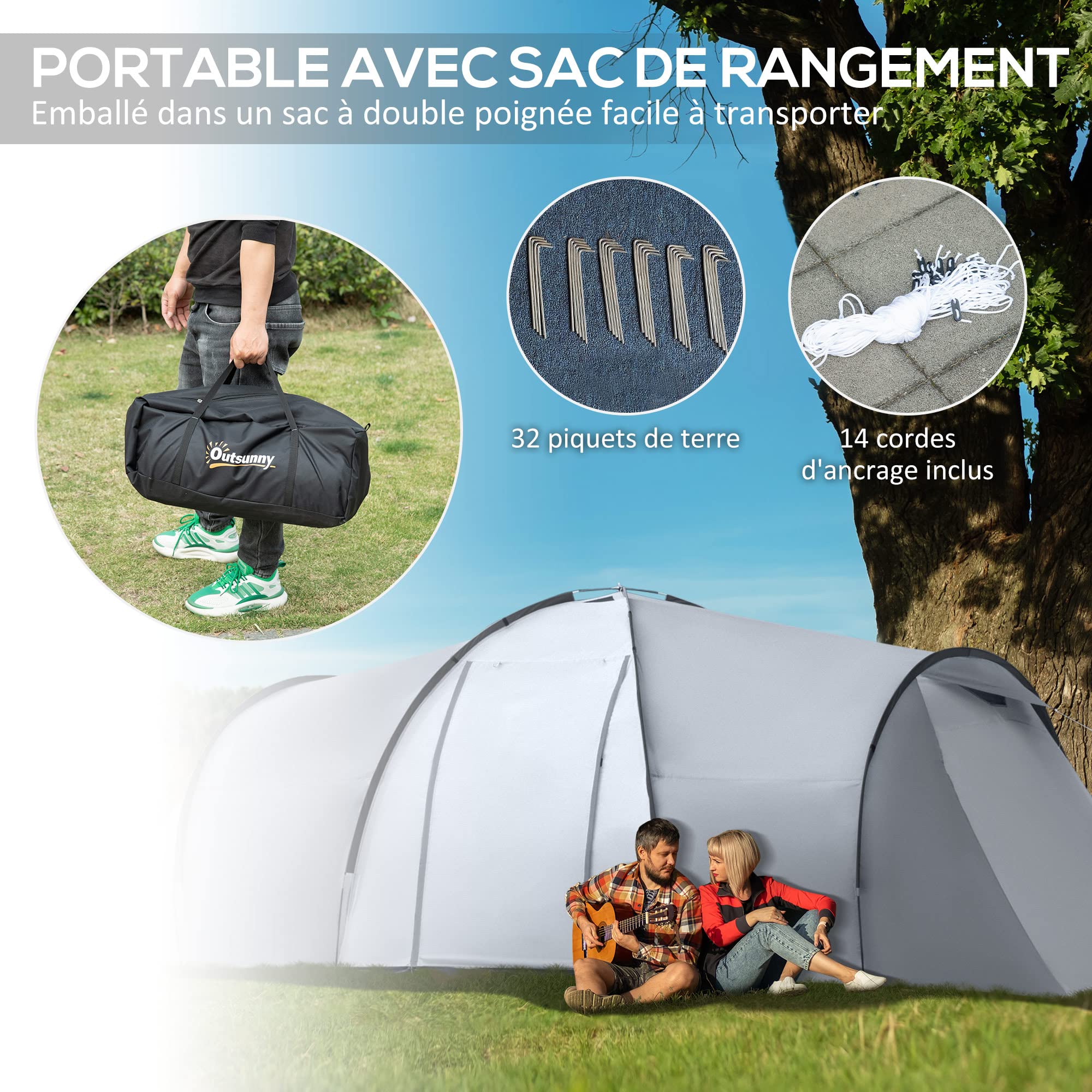 Outsunny Tenda da Campeggio 5 Posti con 2 Camere, Tenda da Campeggio Familiare Impermeabile con Baldacchino, 590x245x193 cm, Grigio