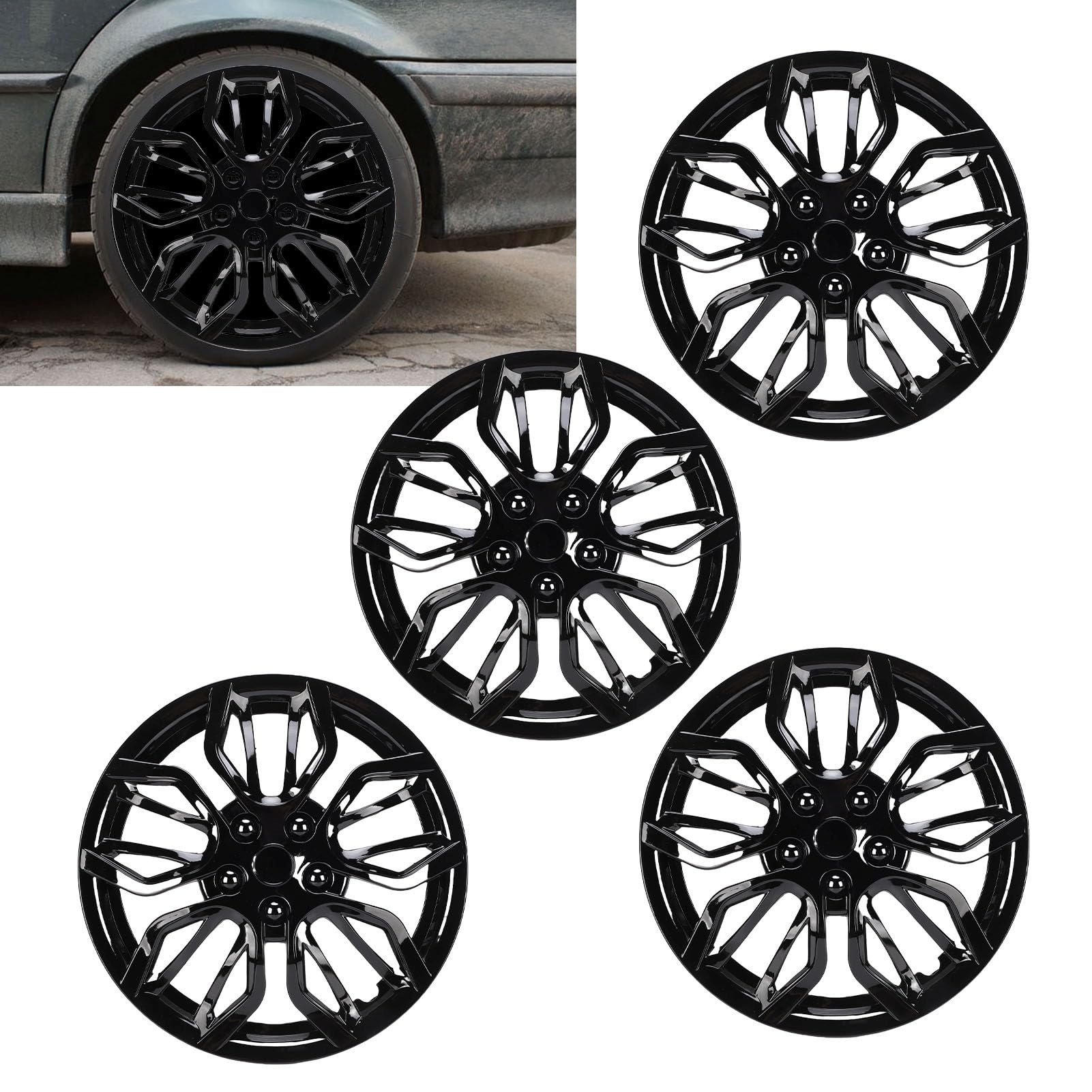 Fabater Kołpaki 15" Kołpaki Uniwersalne R15, 15-calowe, Zestaw 4 szt., Zatrzaskiwane, Pasują do 15-calowych Felg Stalowych (BLACK)