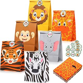 24 Pcs Safari Goodie Bags 8 x 6 x 3' Jungle Party Favors Bags 6 Styles Jungle Animal Candy Bags Gift Treat Bags with Stickers for Boy Girl Kids Jungle Safari Birthday Decorations Baby Shower Supplies
