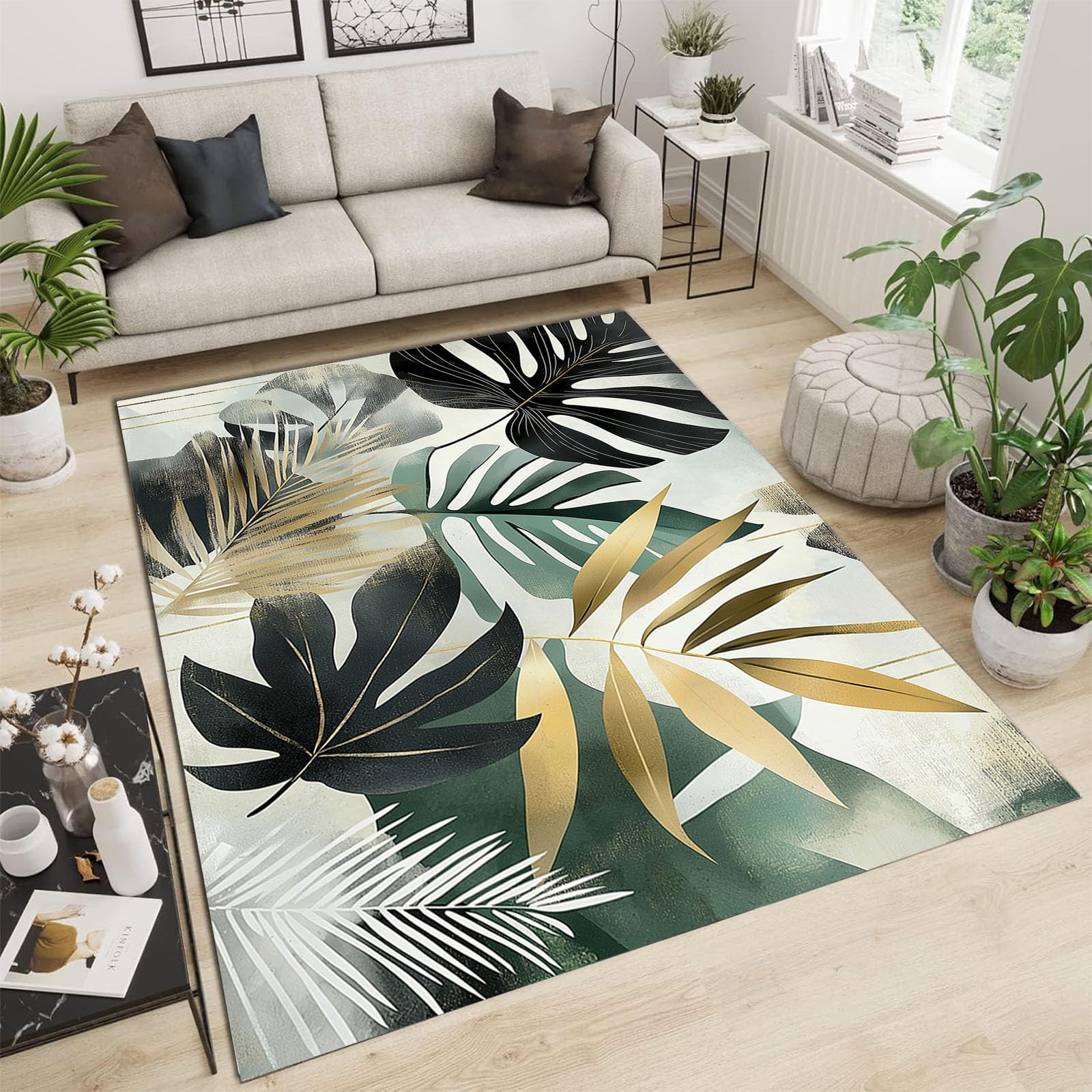 Tapis salon vert sauge lavable 150x210cm à motif feuilles de monstera