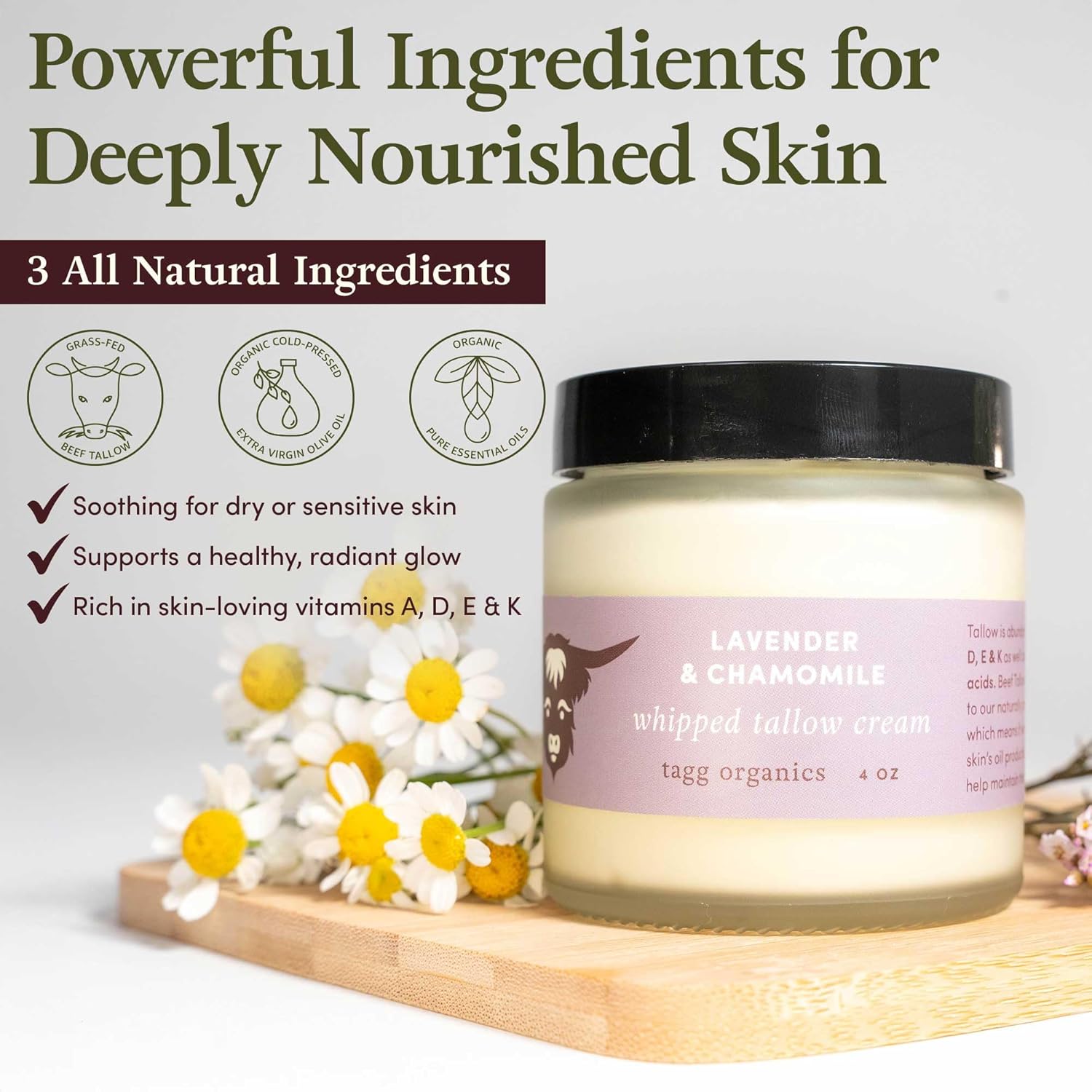 Whipped Tallow Cream for Skin - 100% Organic & Chemical-Free - Deep, Long-Lasting Hydration & Nourishment for Dry & Sensitive Skin (Lavender & Chamomile 4oz)