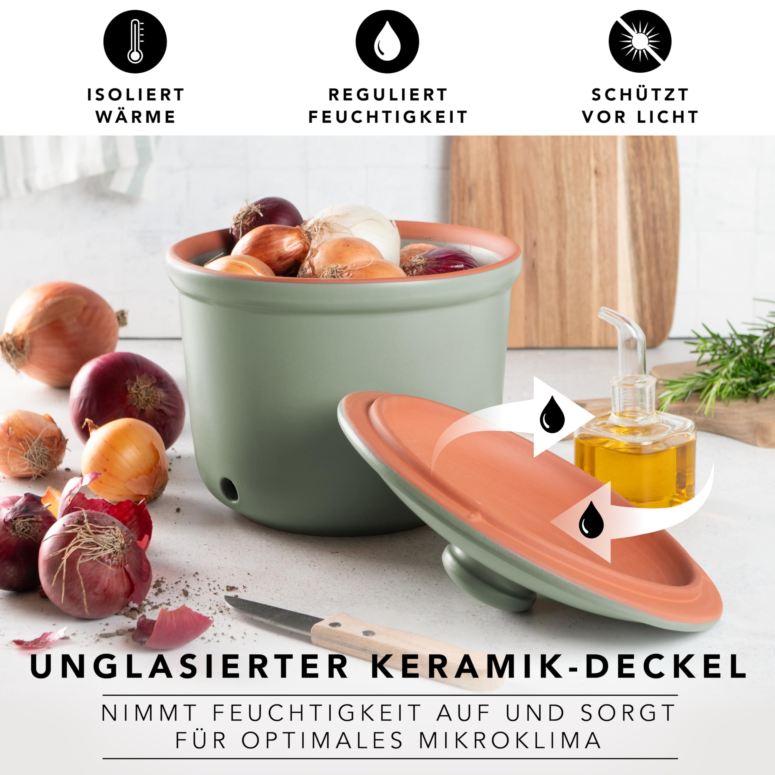 Romertopf Kartoffeltopf & Zwiebeltopf 3er Set – Vorratsdosen aus Keramik für Kartoffeln, Zwiebeln & Knoblauch – atmungsaktiver Ton hält Gemüse länger frisch – Grün