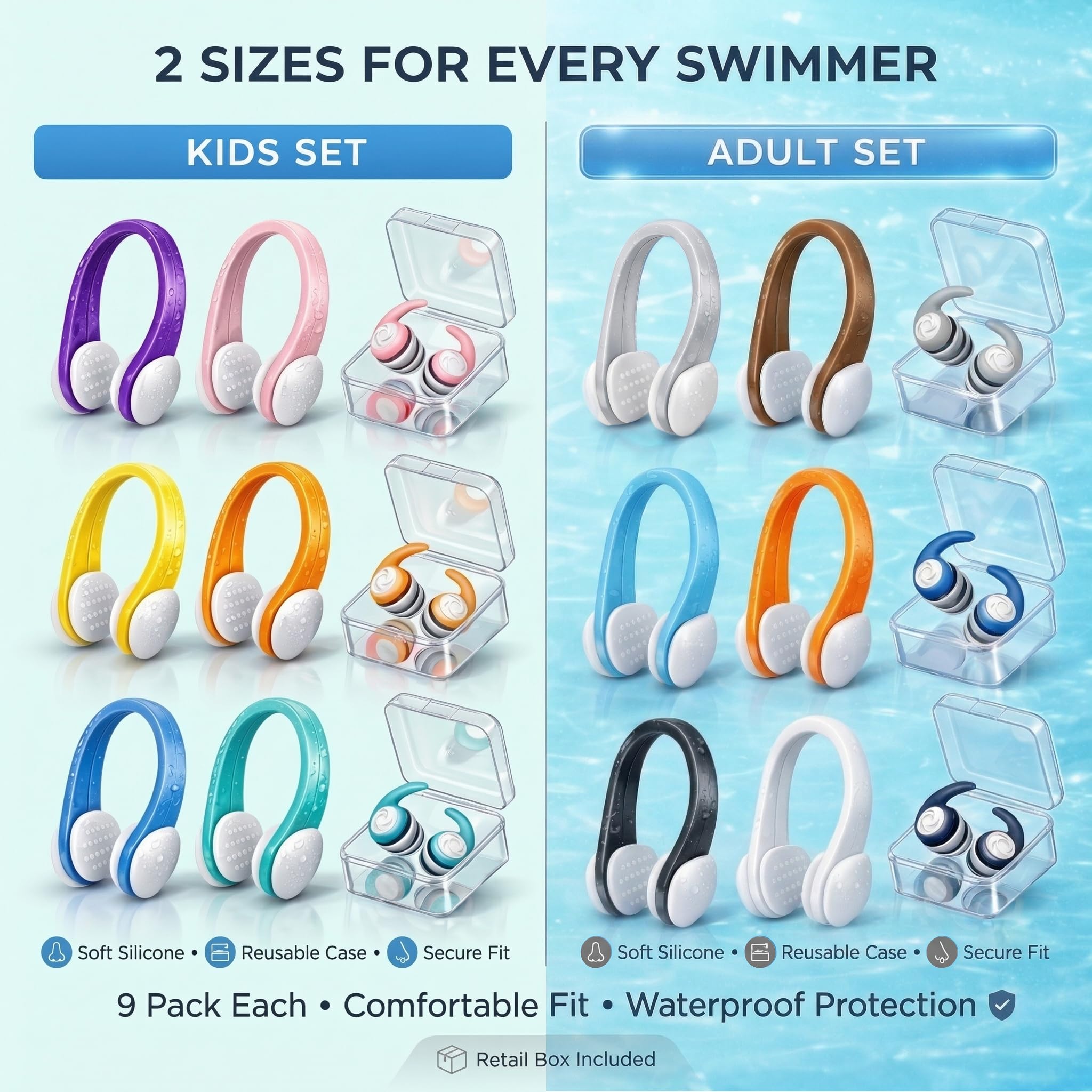 Pinzas para la nariz para nadar con tapones para los oídos, 9 unidades, clip nasal de silicona, tapones para los oídos flotantes, para niños y adultos, pinza nasal impermeable para natación
