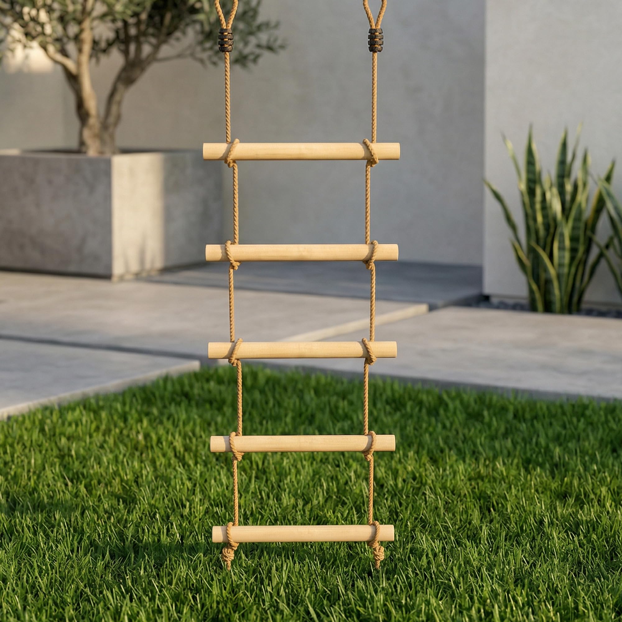 AIYAPLAY Scala di Corda 1.8m, Accessori per Altalene, Corda per Parco Giochi Esterno, Arrampicata a 5 Pioli per Bambini con 2 Moschettoni e 2 Cinghie per Alberi