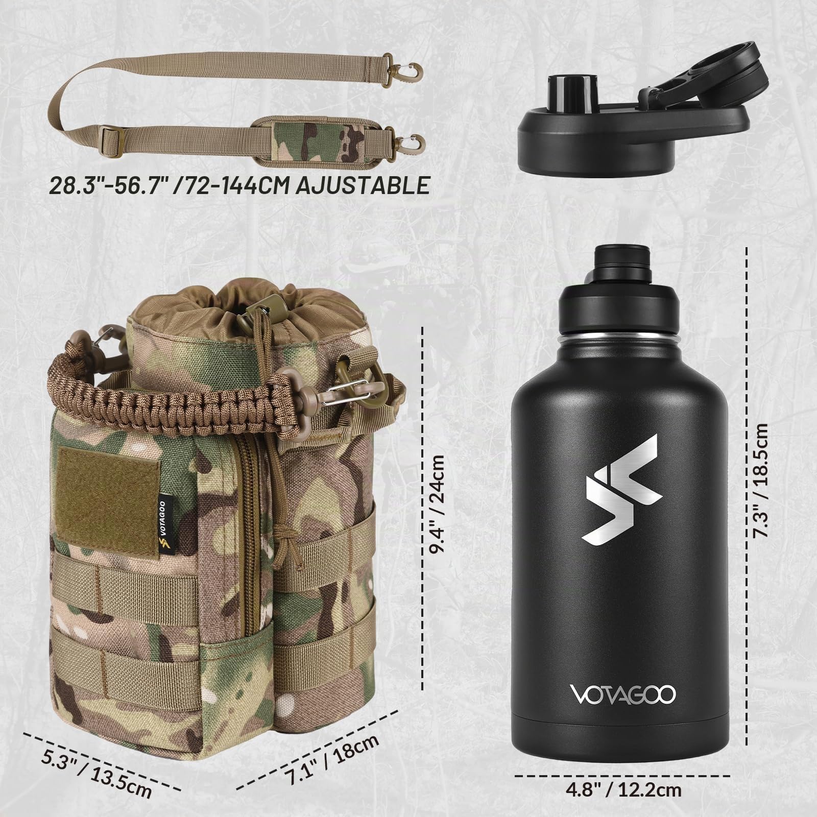 VOTAGOO Botella de agua táctica de acero inoxidable, termo para exteriores, 1,9 l, botella de agua militar para exteriores, senderismo, camping, caza (CP)