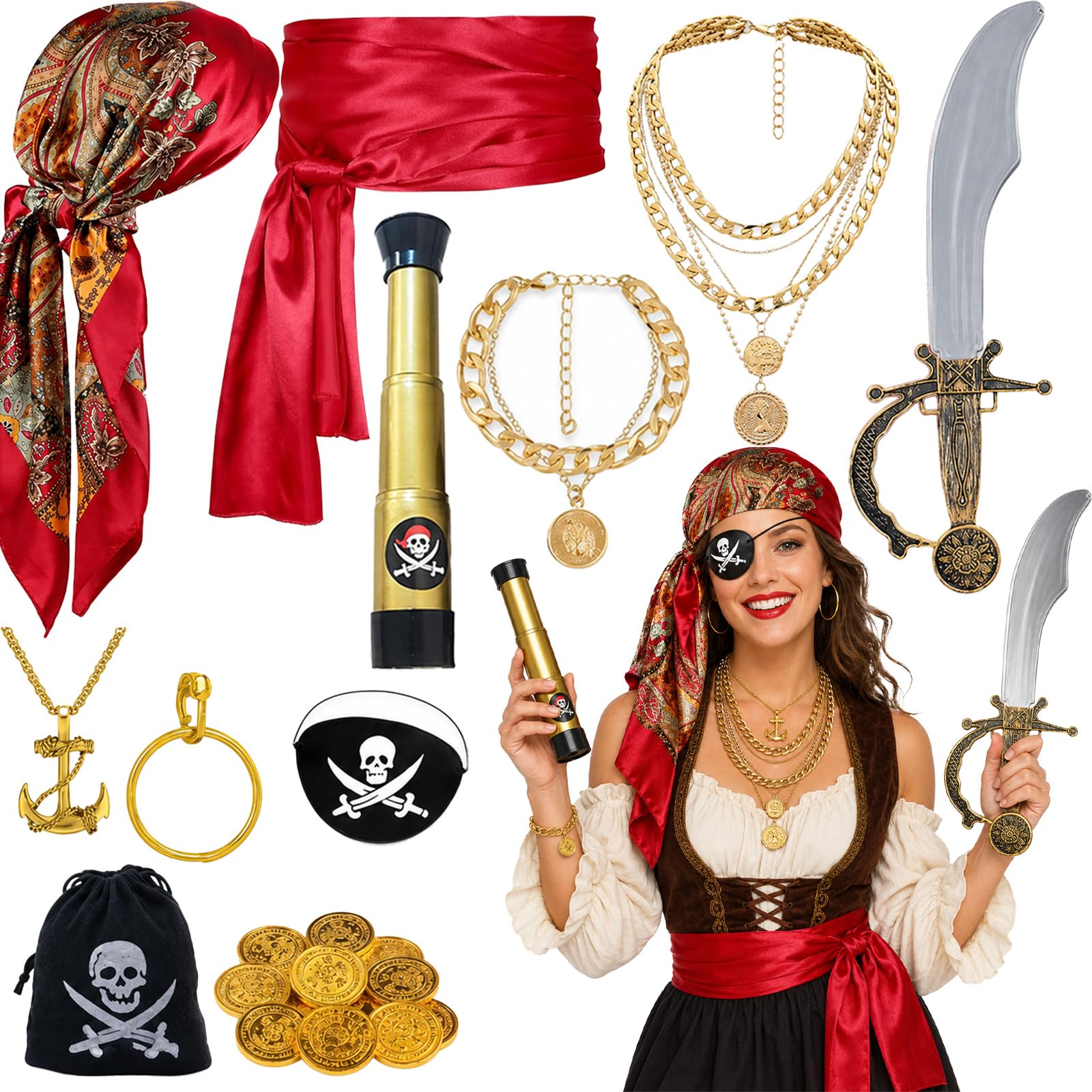 11 Pcs Pirate Costume Accessories for Women, Pirate Role Play Outfit Supply