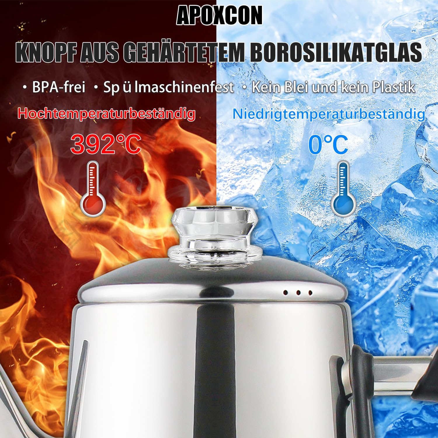 APOXCON Elektrischer Kaffee Perkolator für 12 Tassen, Schnellbrüh-System mit hitzebeständigem Glasknopf für Zuhause und Büro, Kabellos, CE-Zertifiziert