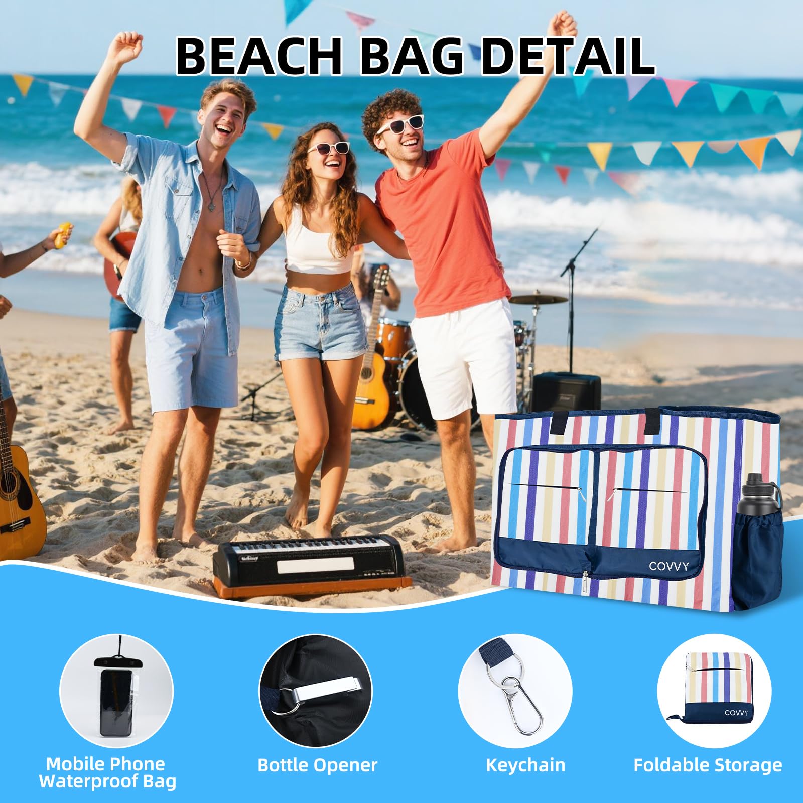 Bolso de playa COVVY, extra grande para mujer, con cierre de cremallera, impermeable, con funda para teléfono, abrebotellas, múltiples bolsillos, resistente al agua, a prueba de arena, plegable