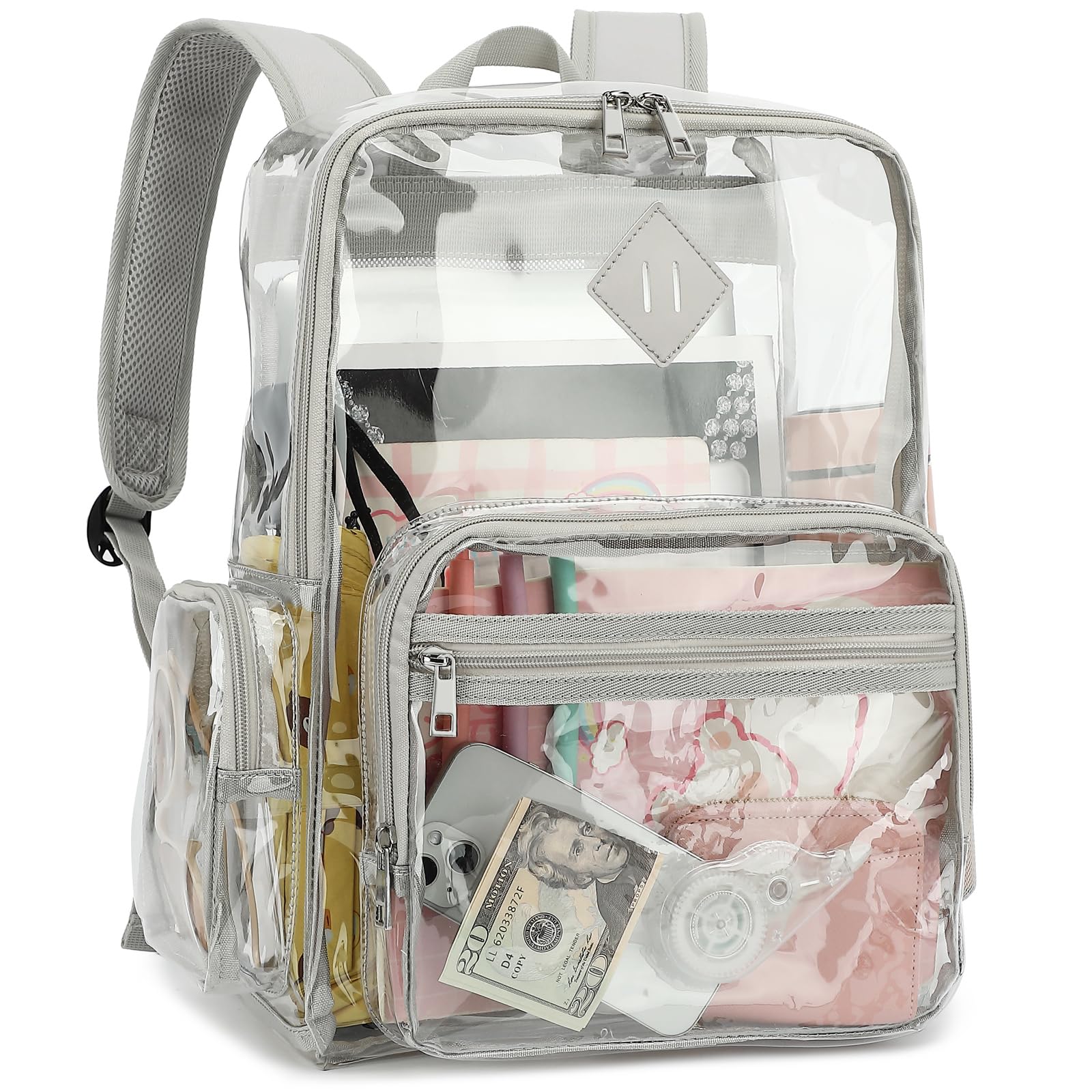 Fuyicat Heavy Duty Clear Backpack for Girls Boys Women Men, PVC Transparent School Backpacks See Through College Bookbag (Light Grey), Large