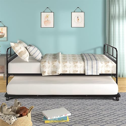 Miniatura 3 de Sofá cama de metal con nido, marco de cama de día tamaño individual con nido extraíble, sofá cama resistente para sala de estar, dormitorio, niños,