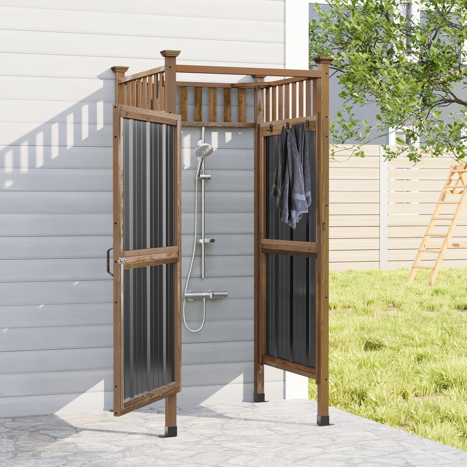 GDLF Outdoor Shower Enclosure with Lockable Door, Privacy Outside Shower Stall with Metal Panels, Hooks & Shelves, Outdoor Changing Room for Pool Wash Station, Changing Room or Beach Rinse Station