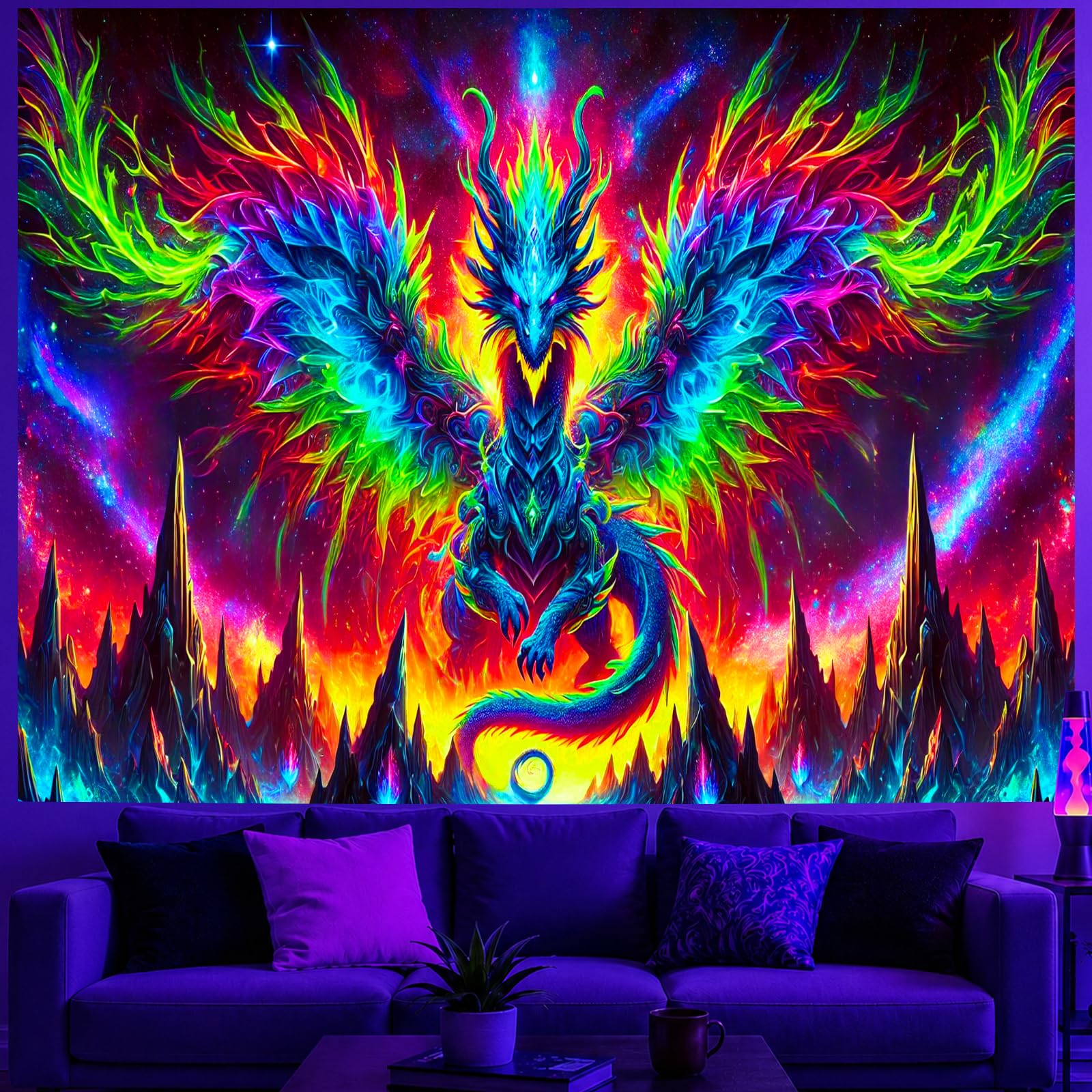 BlissYard Blacklight Tapestry Dark Dragon Neon Wall Art 78 x 59 Inch