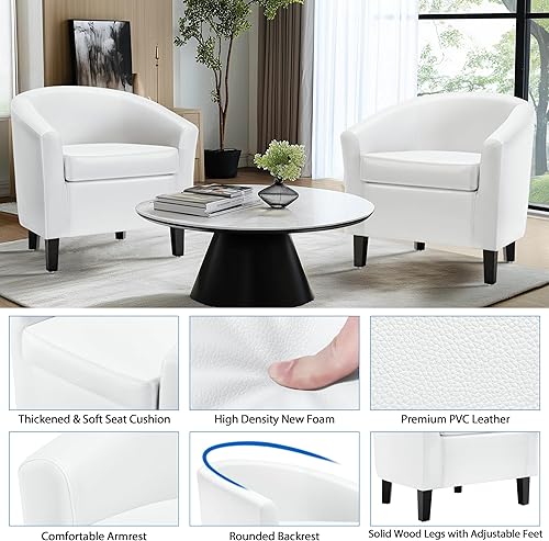 Miniatura 5 de Yaheetech Juego de 2 sillas decorativas blancas, sillas de barril de piel sintética, modernas sillas de sala de estar, cómodas sillas de club con