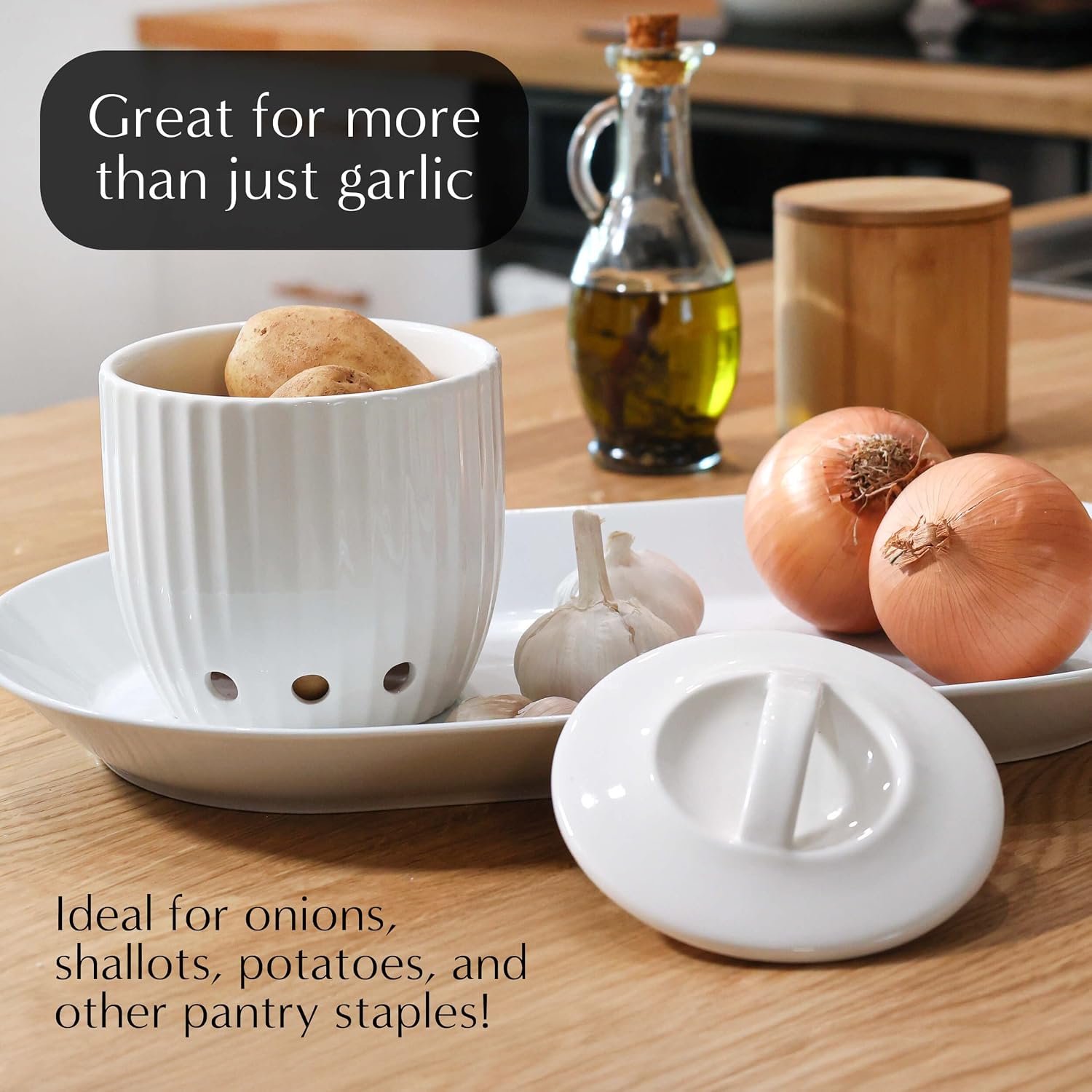 Ceramic Garlic Keeper - Upgraded Packaging! Dishwasher Safe Garlic Holder w/ Lid - Vegetable Storage Keeper w/ Holes for Keeping Veggies Fresh - Modern Countertop Storage Containers for Cooking Lovers
